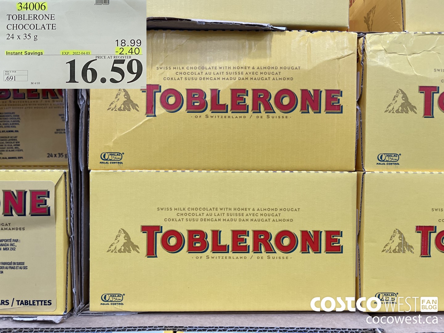 34006 TOBLERONE CHOCOLATE 24 x 35 g ($2.40 INSTANT SAVINGS EXPIRES ON 2022-04-03) $16.59