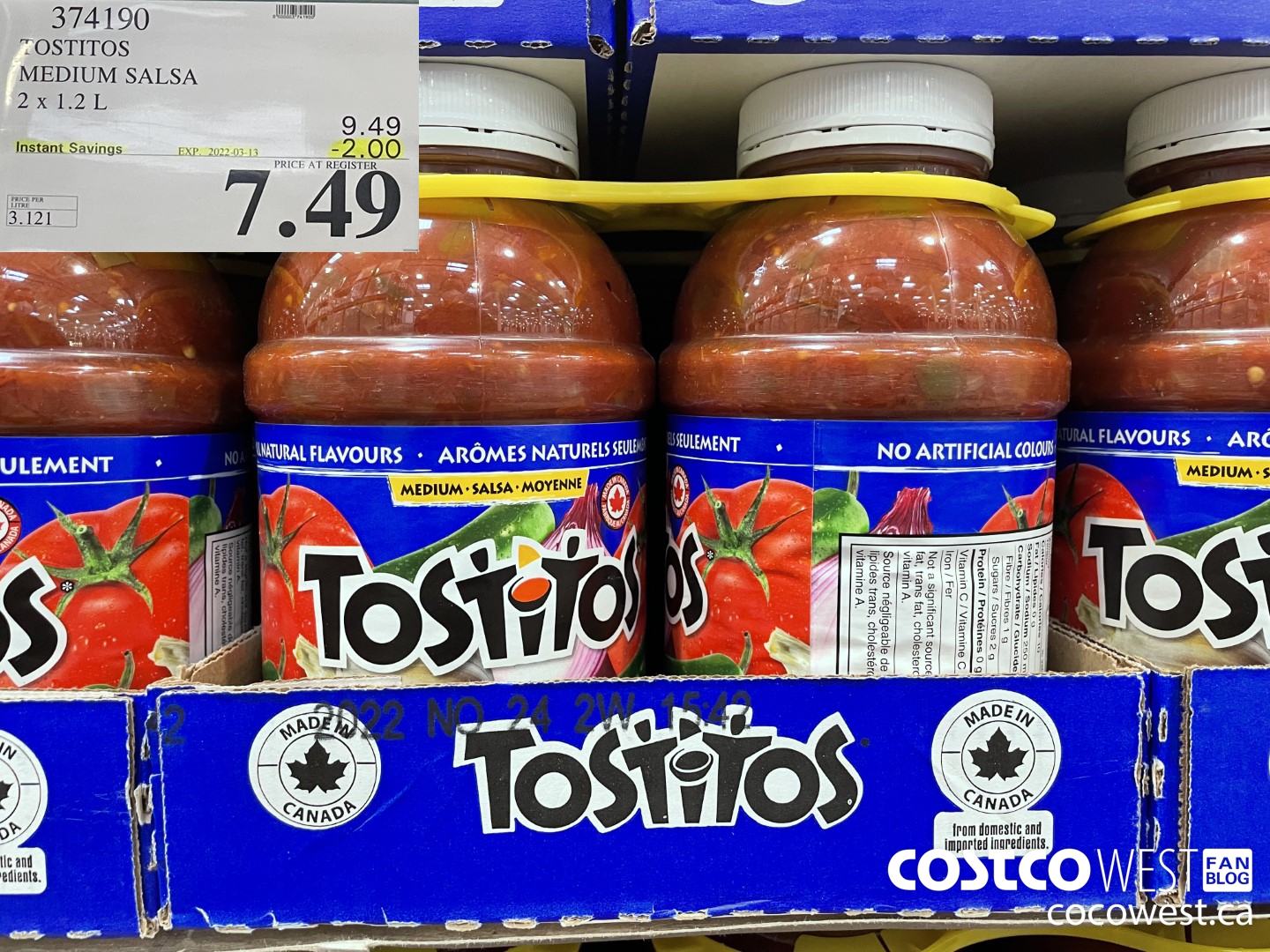 374190 TOSTITOS MEDIUM SALSA 2 X 1.2 L ($2.00 INSTANT SAVINGS EXPIRES ON 2022-03-13) $7.49