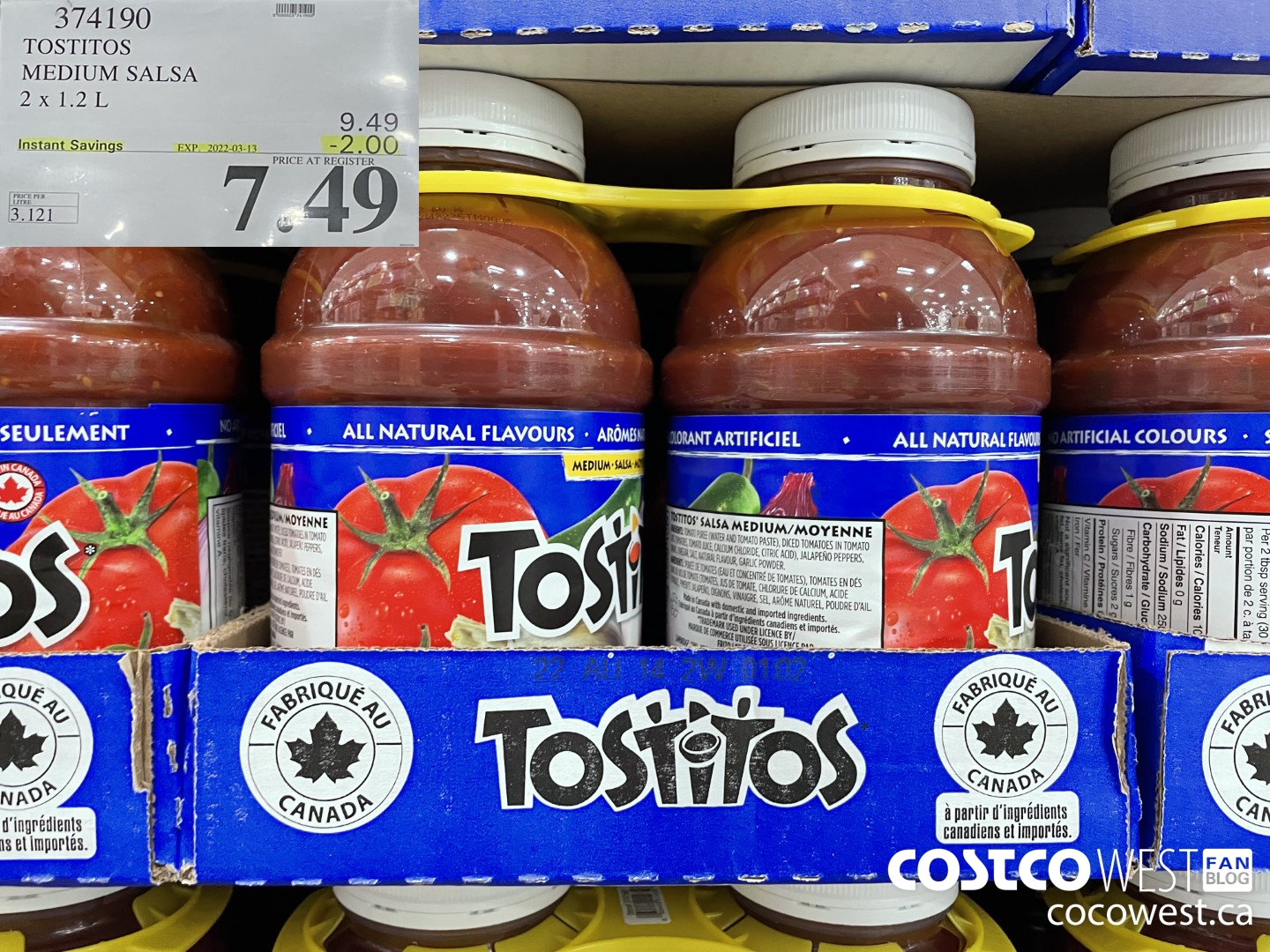 374190 TOSTITOS MEDIUM SALSA 2 X 1.2 L ($2.00 INSTANT SAVINGS EXPIRES ON 2022-03-13) $7.49