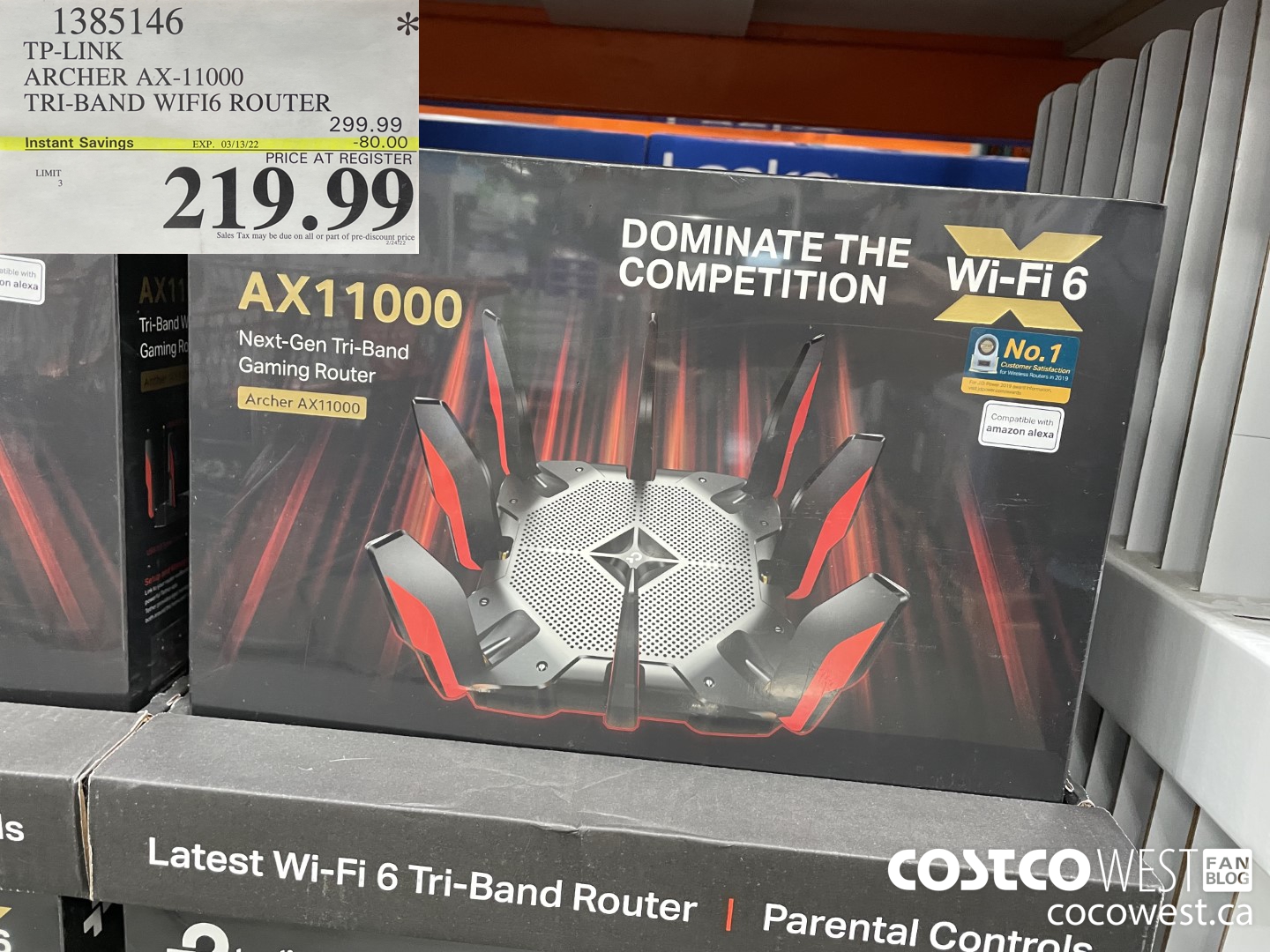 1385146 TP-LINK ARCHER AX-11000 TRI- BAND WIFI ROUTER  ($80.00 INSTANT SAVINGS EXPIRES ON 2022-03-13) $219.99