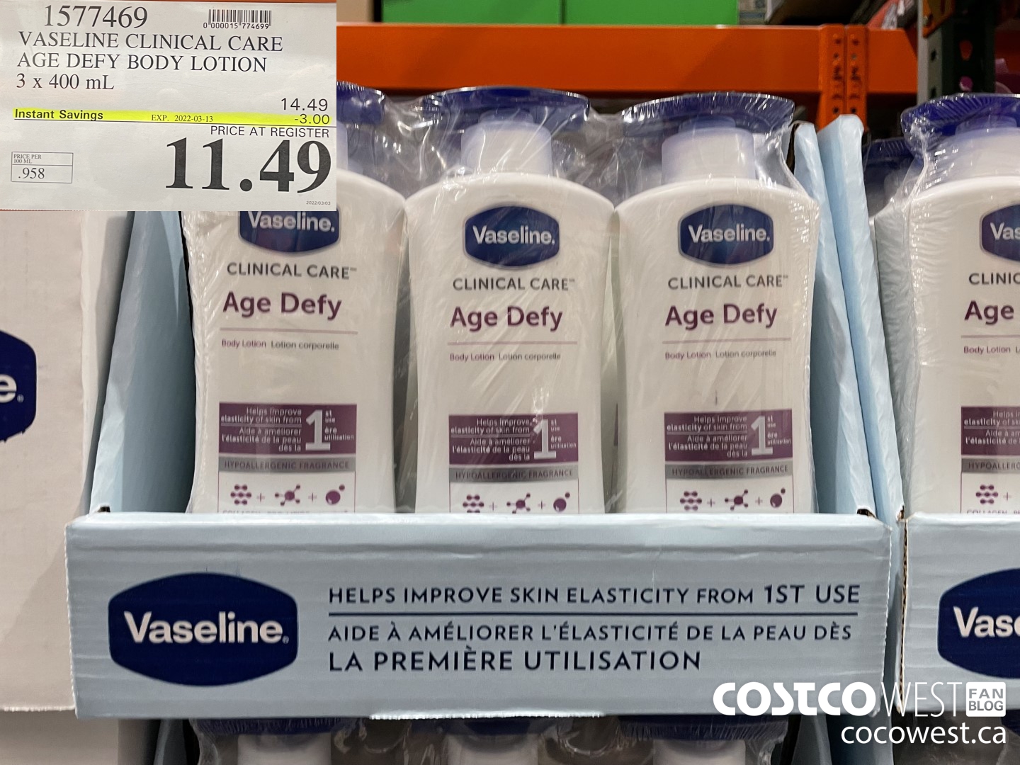 1577469 VASELINE CLINICAL CARE AGE DEFY BODY LOTION 3 x 400 mL ($3.00 INSTANT SAVINGS EXPIRES ON 2022-03-13) $11.49