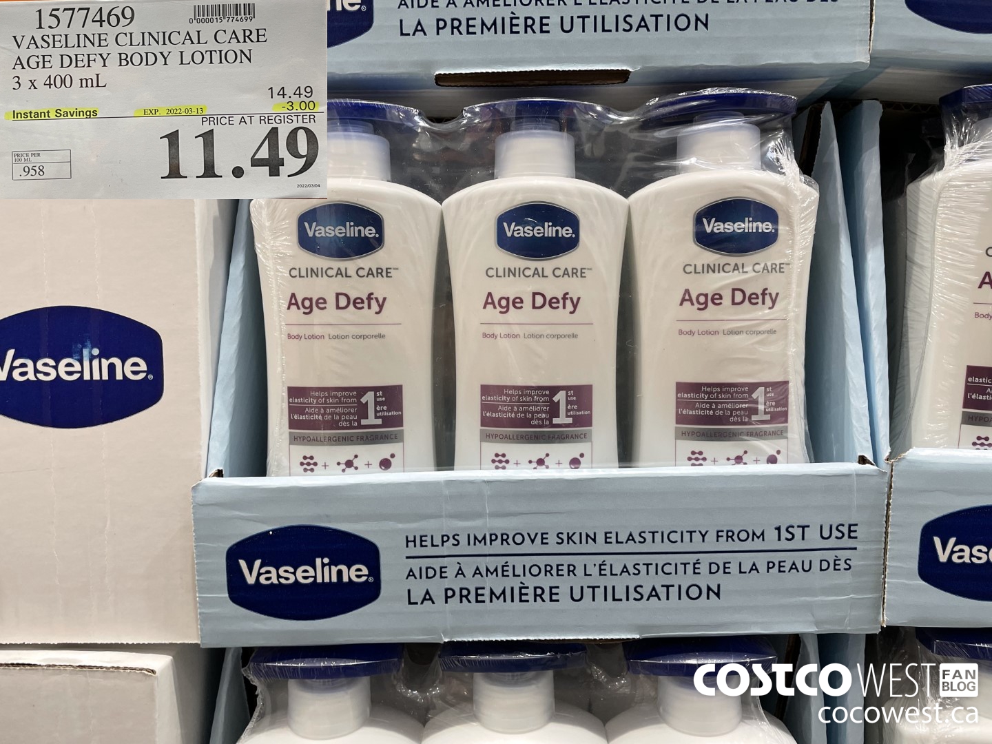 1577469 VASELINE CLINICAL CARE AGE DEFY BODY LOTION 3 x 400 mL ($3.00 INSTANT SAVINGS EXPIRES ON 2022-03-13) $11.49