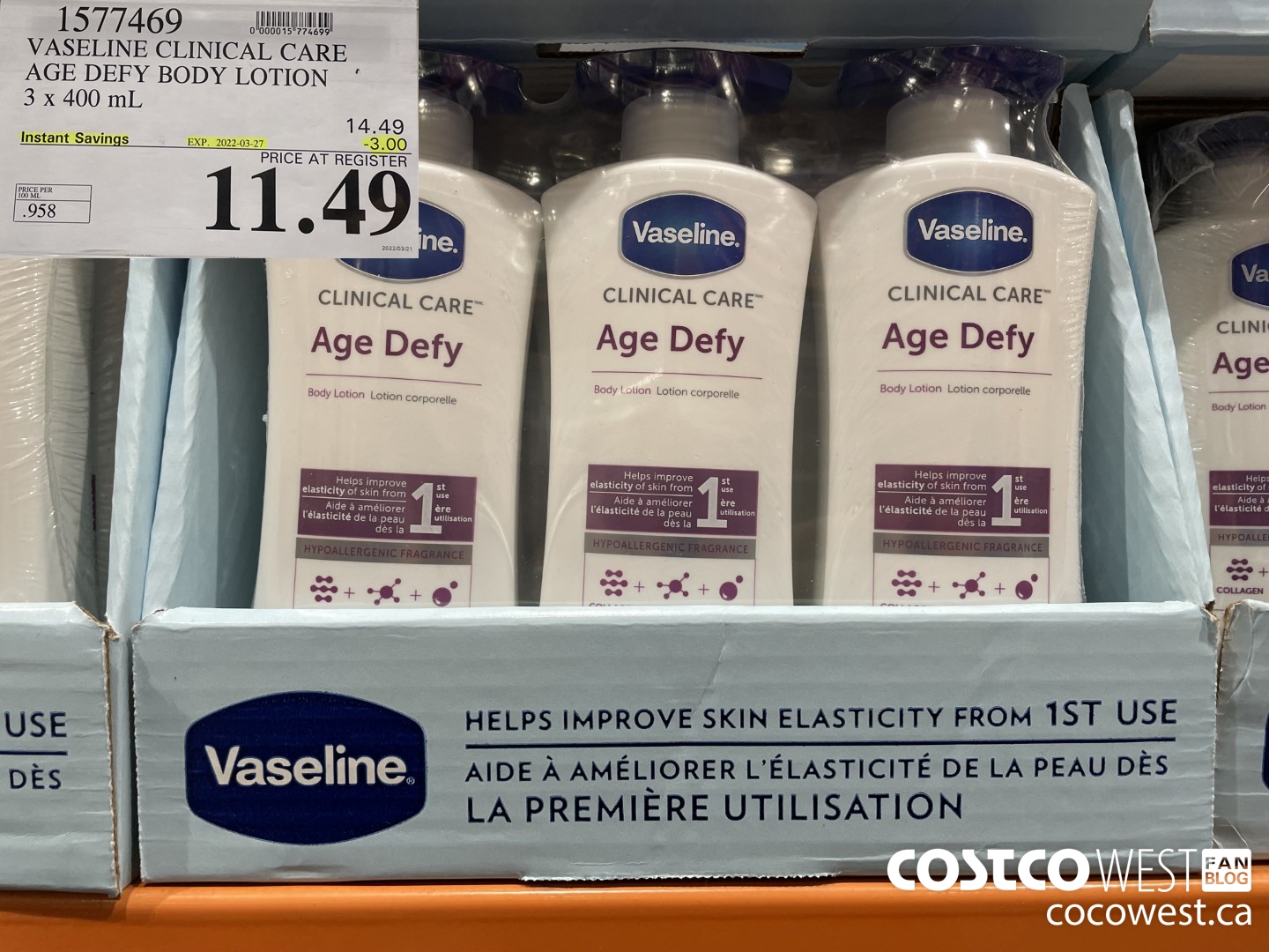 1577469 VASELINE CLINICAL CARE AGE DEFY BODY LOTION 3 x 400 mL ($3.00 INSTANT SAVINGS EXPIRES ON 2022-03-27) $11.49