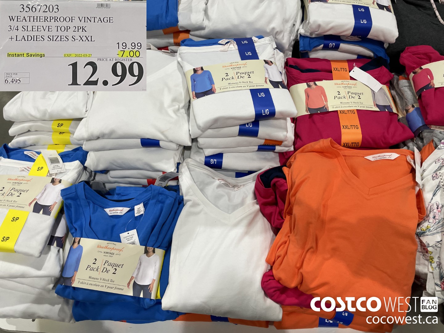 3567203 WEATHERPROOF VINTAGE 3/4 SLEEVE TOP 2PK LADIES SIZES S-XXL  ($7.00 INSTANT SAVINGS EXPIRES ON 2022-03-27) $12.99