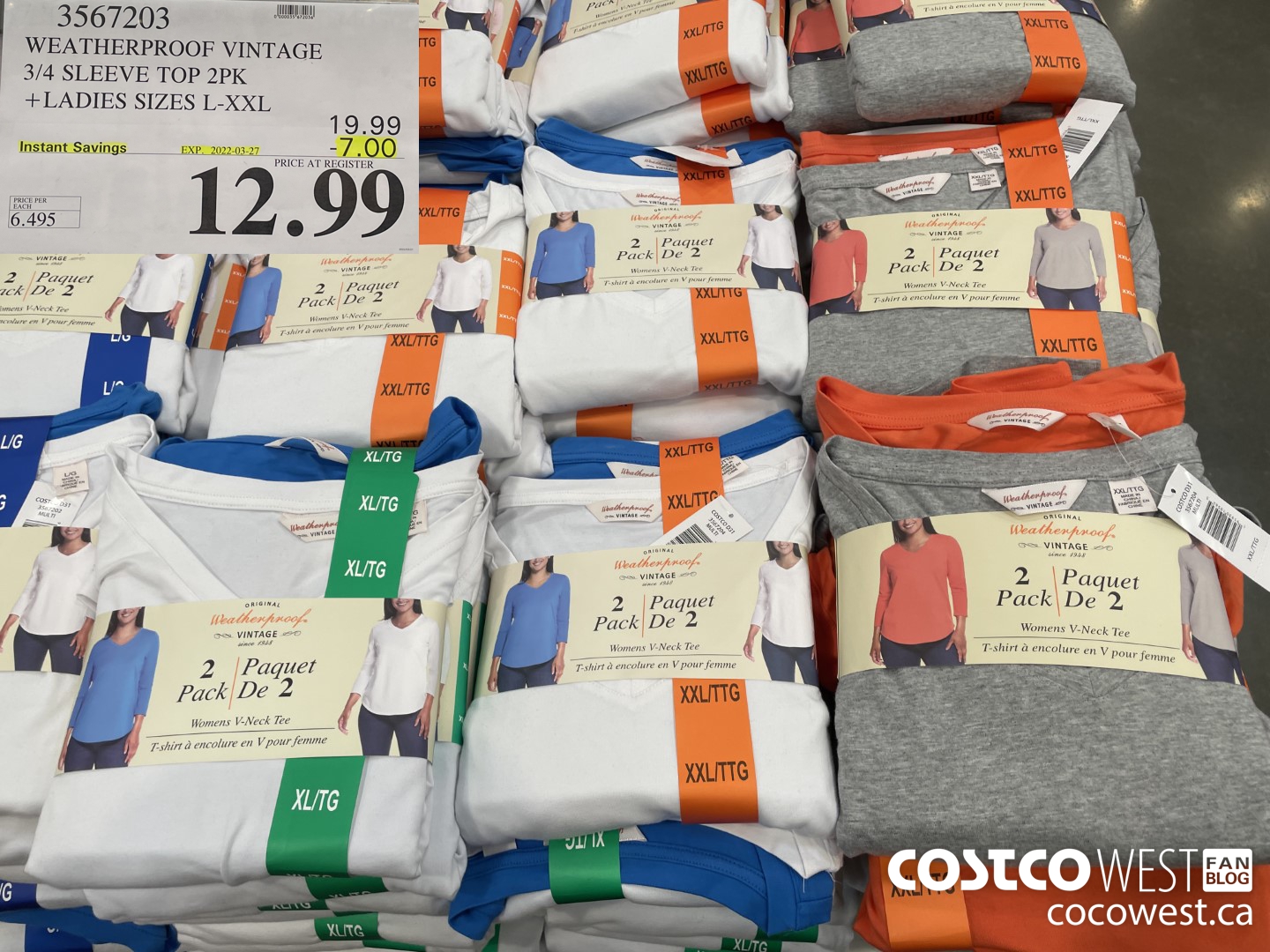 3567203 WEATHERPROOF VINTAGE 3/4 SLEEVE TOP 2PK LADIES SIZES S-XXL  ($7.00 INSTANT SAVINGS EXPIRES ON 2022-03-27) $12.99