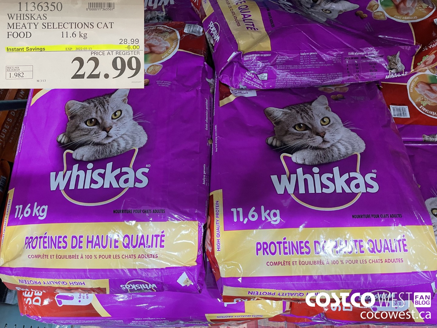 1136350 WHISKAS MEATY SELECTIONS CAT FOOD 11.6 kg ($6.00 INSTANT SAVINGS EXPIRES ON 2022-03-13) $22.99