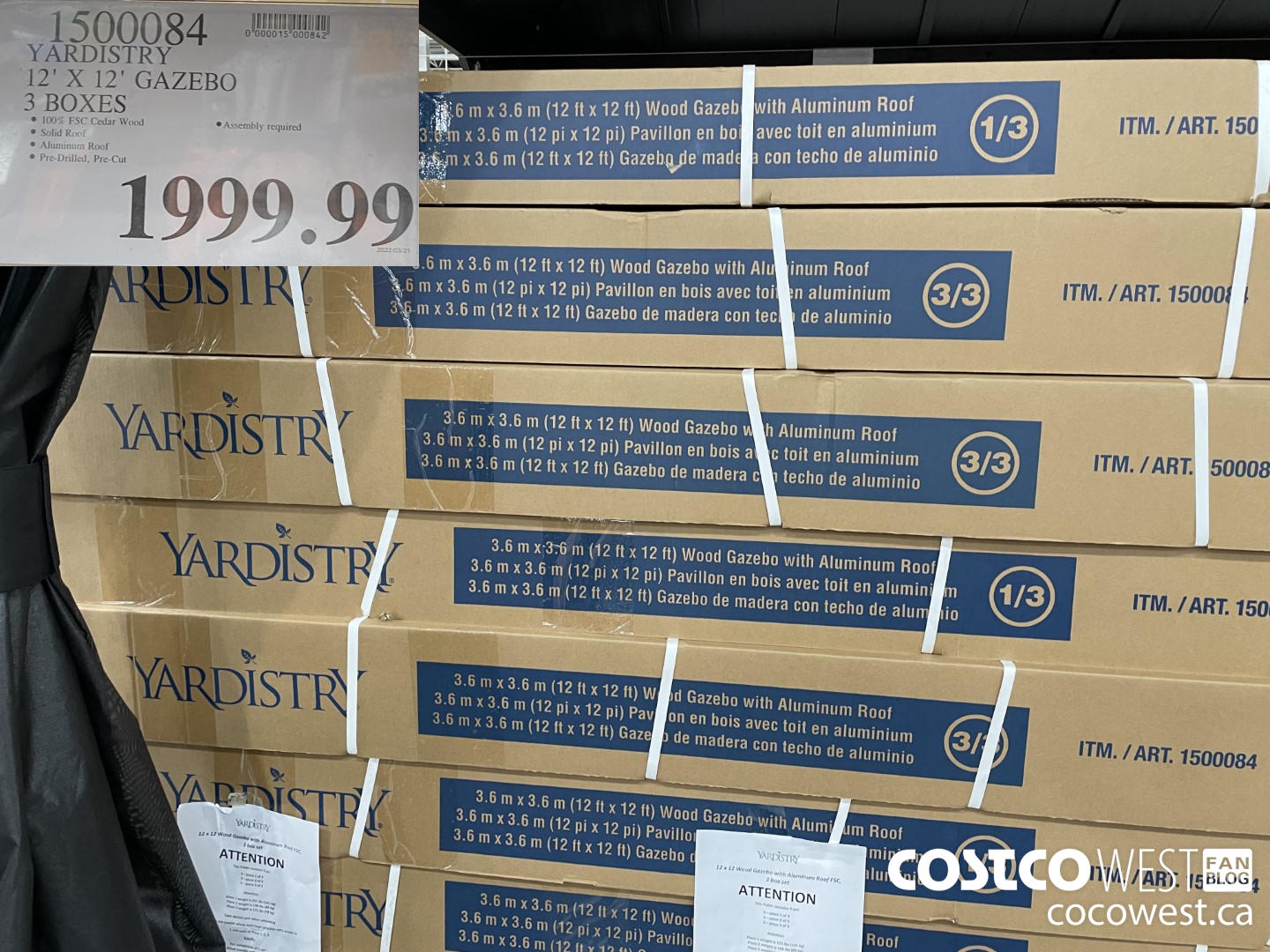 1500084 YARDISTRY 12' x 12' GAZEBO 3 BOXES $1999.99