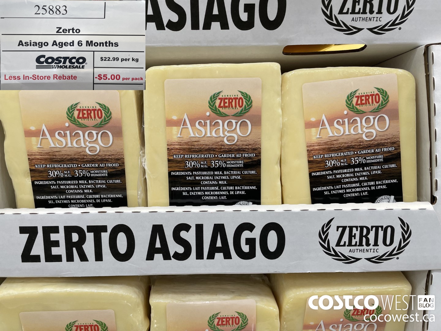 25883 ZERTO ASIAGO AGED 6 MONTHS PRICE PER kg ($5.00 INSTANT SAVINGS) $22.99