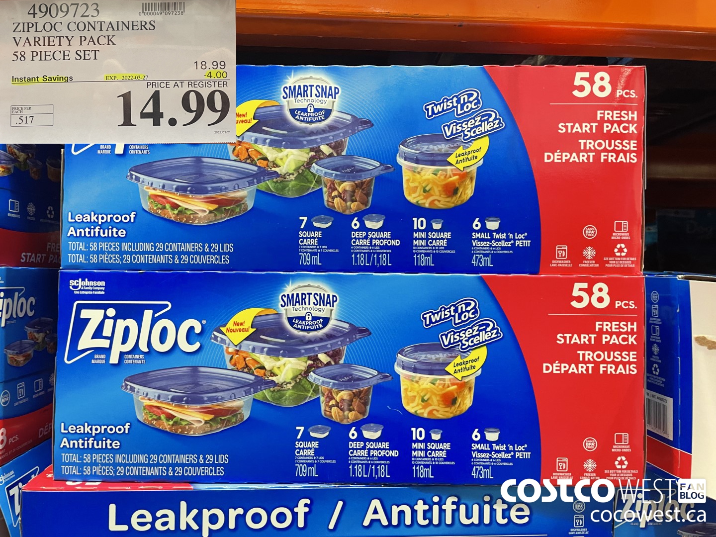 4909723 ZIPLOC CONTAINERS VARIETY PACK 58 PIECE SET ($4.00 INSTANT SAVINGS EXPIRES ON 2022-03-27) $14.99