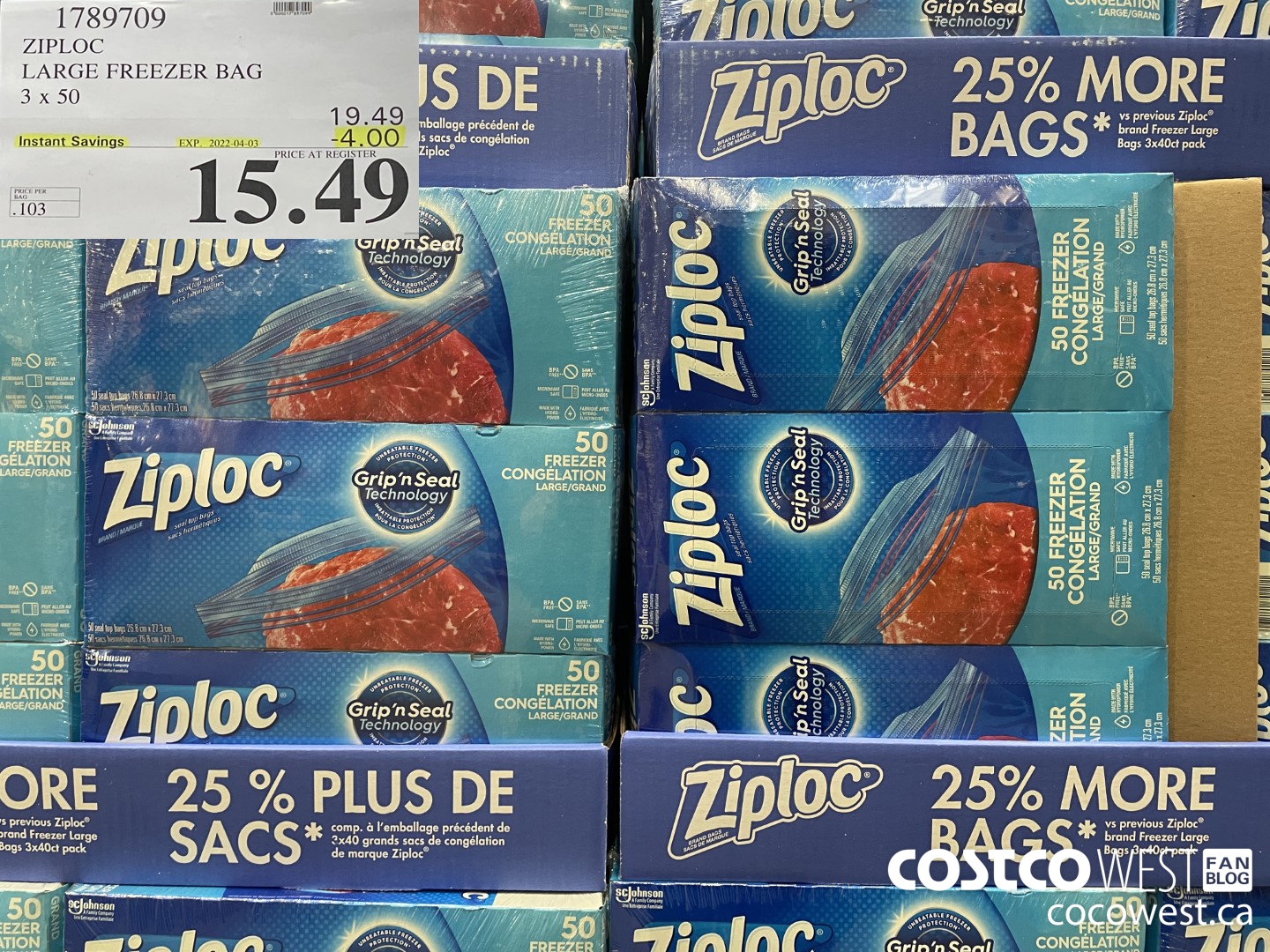 1789709 ZIPLOC LARGE FREEZER BAG 3 X 50 ($4.00 INSTANT SAVINGS EXPIRES ON 2022-04-03) $15.49