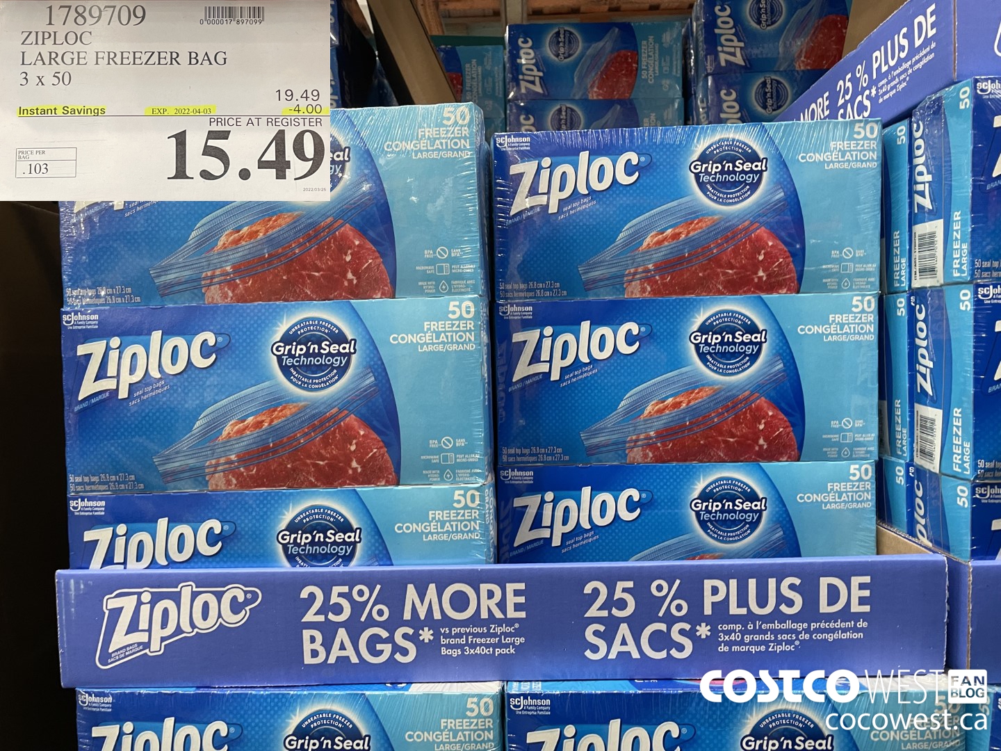1789709 ZIPLOC LARGE FREEZER BAG 3 X 50 ($4.00 INSTANT SAVINGS EXPIRES ON 2022-04-03) $15.49