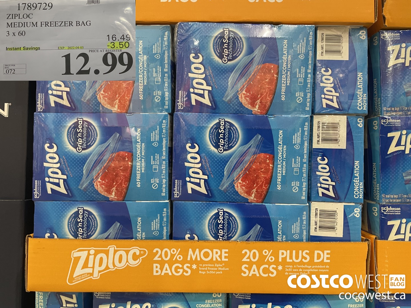 1789729 ZIPLOC MEDIUM FREEZER BAG 3 x 60 ($3.50 INSTANT SAVINGS EXPIRES ON 2022-04-03) $12.99