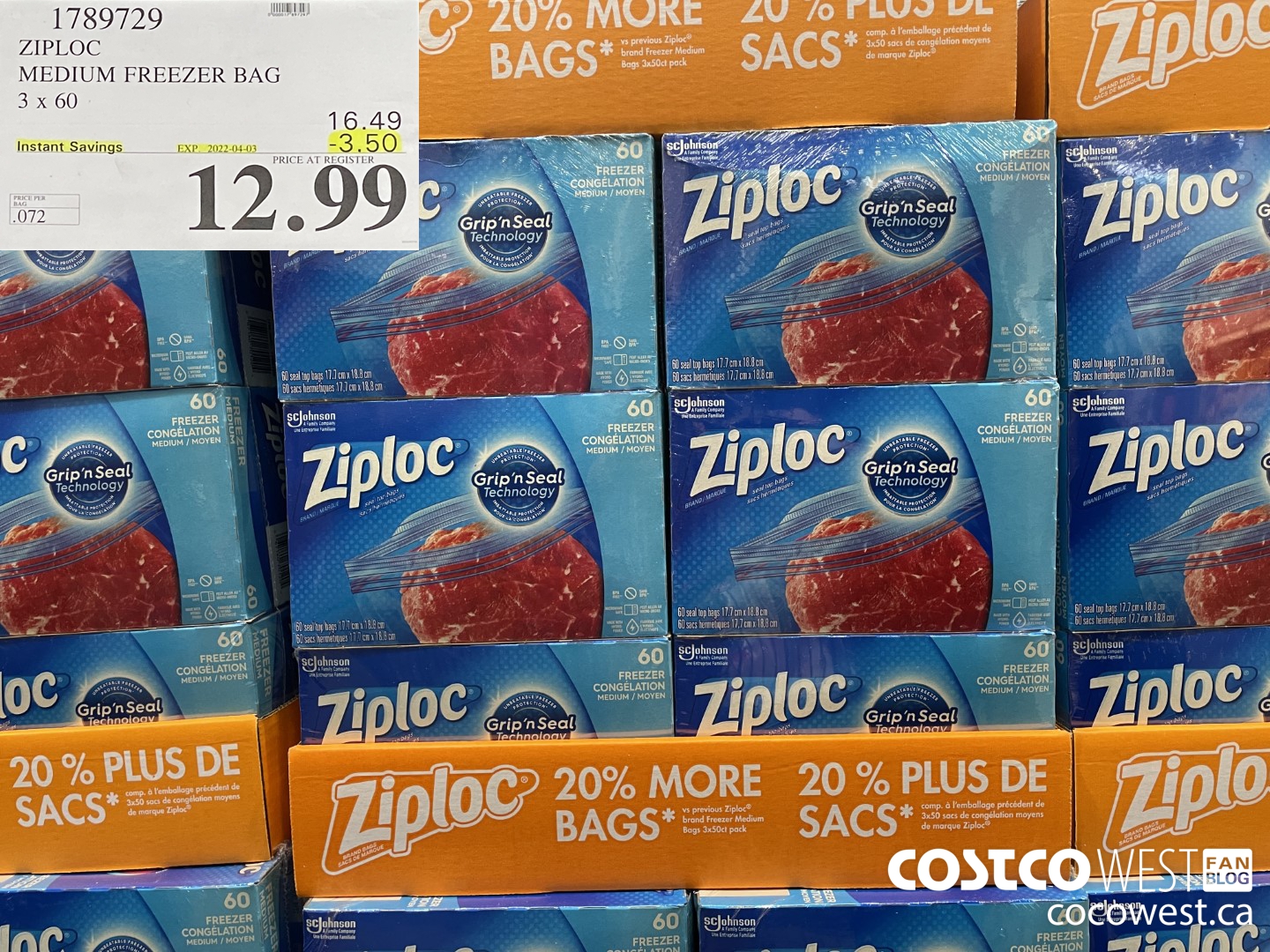 1789729 ZIPLOC MEDIUM FREEZER BAG 3 x 60 ($3.50 INSTANT SAVINGS EXPIRES ON 2022-04-03) $12.99