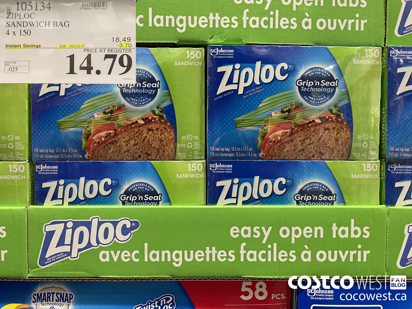 105134 ZIPLOC SANDWICH BAG 4 X 150 ($3.70 INSTANT SAVINGS EXPIRES ON 2022-03-27) $14.79