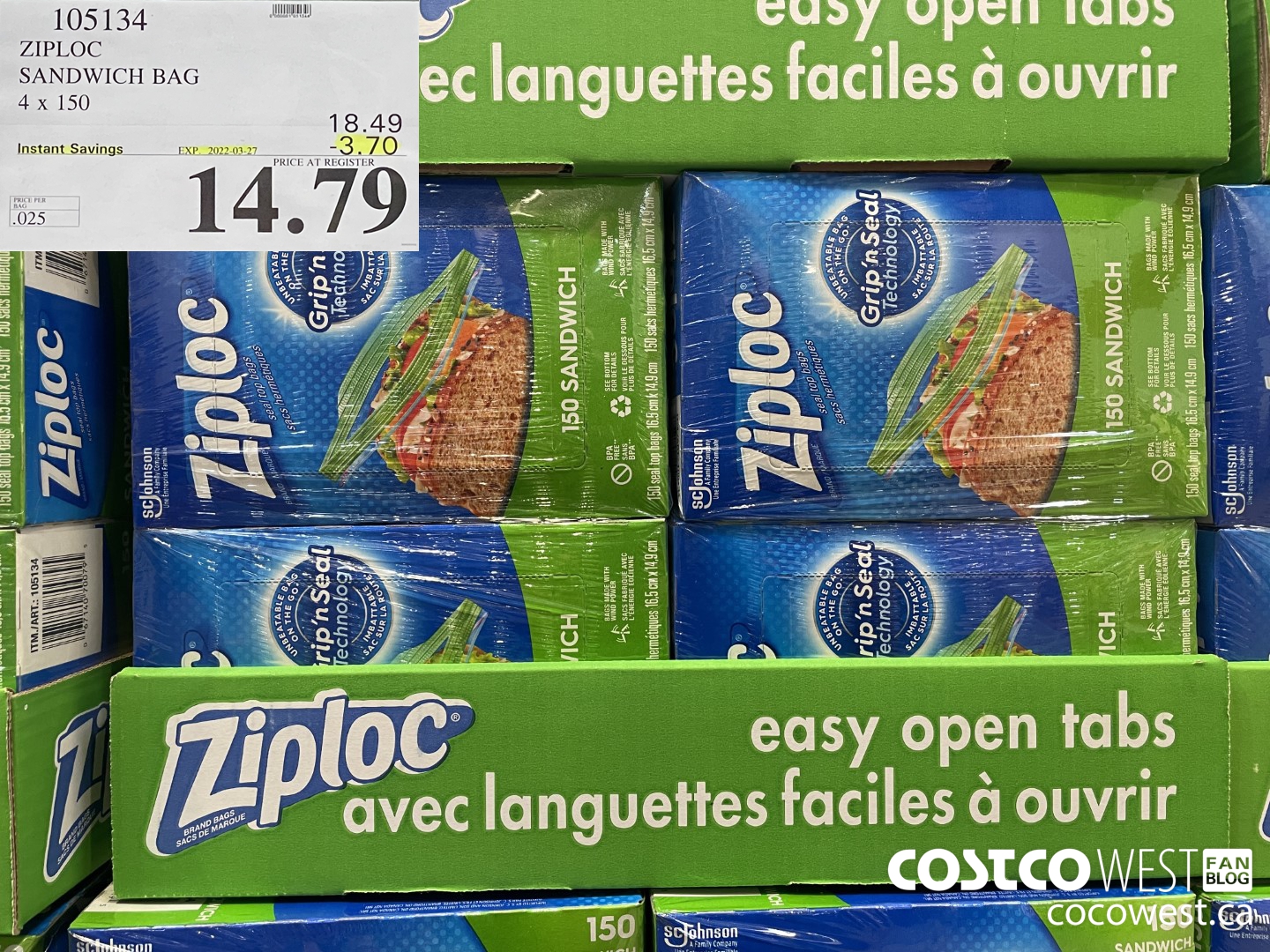 105134 ZIPLOC SANDWICH BAG 4 X 150 ($3.70 INSTANT SAVINGS EXPIRES ON 2022-03-27) $14.79