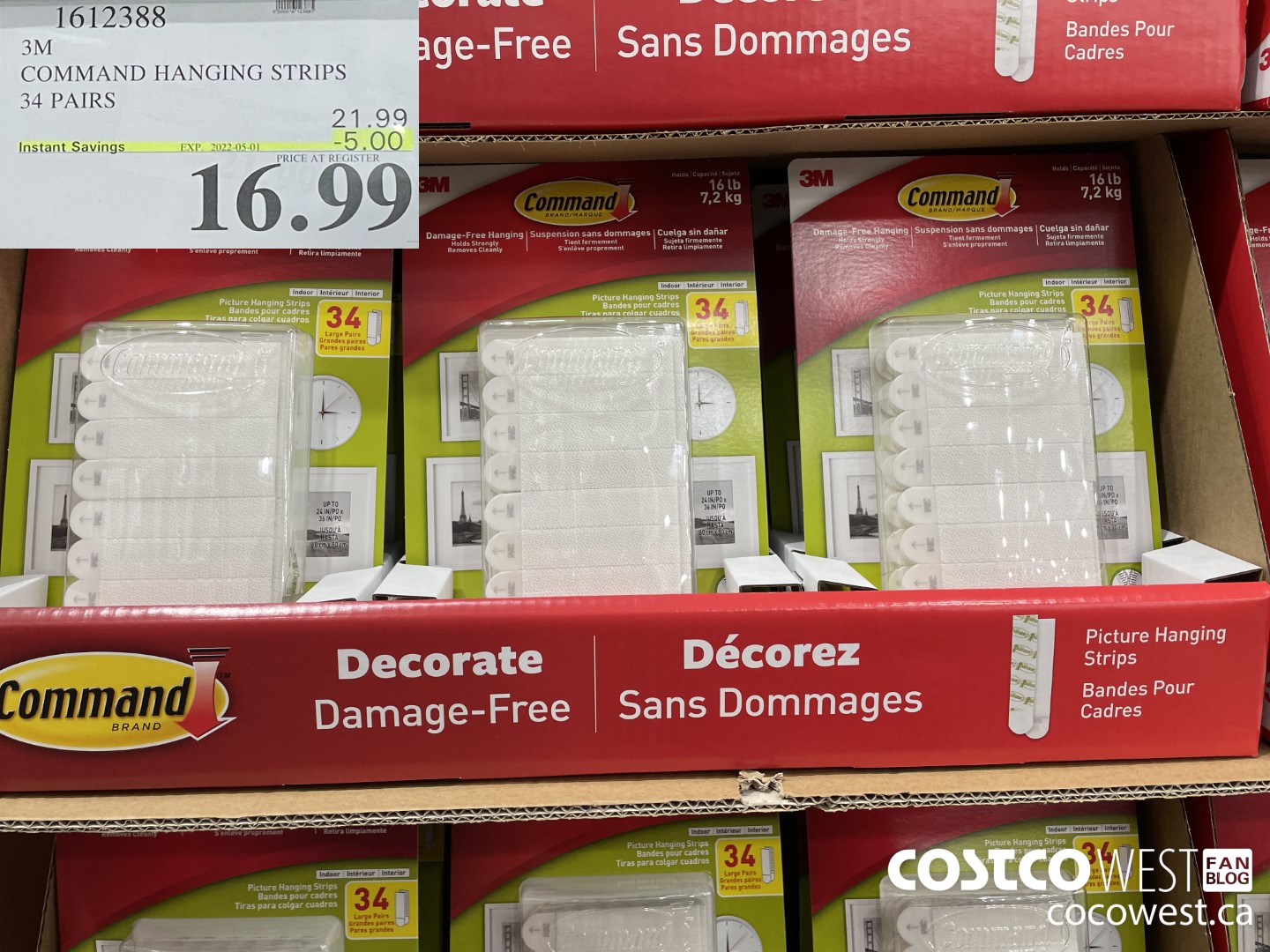 1612388 3M COMMAND HANGING STRIPS 34 PAIRS ($5.00 INSTANT SAVINGS EXPIRES ON 2022-05-01) $16.99