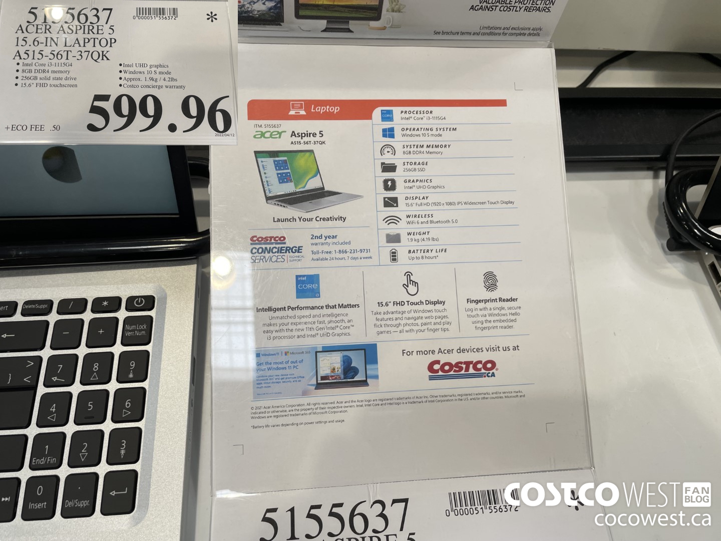 5155637 ACER ASPIRE 5 15.6-IN LAPTOP A515-56T-37QK $599.96