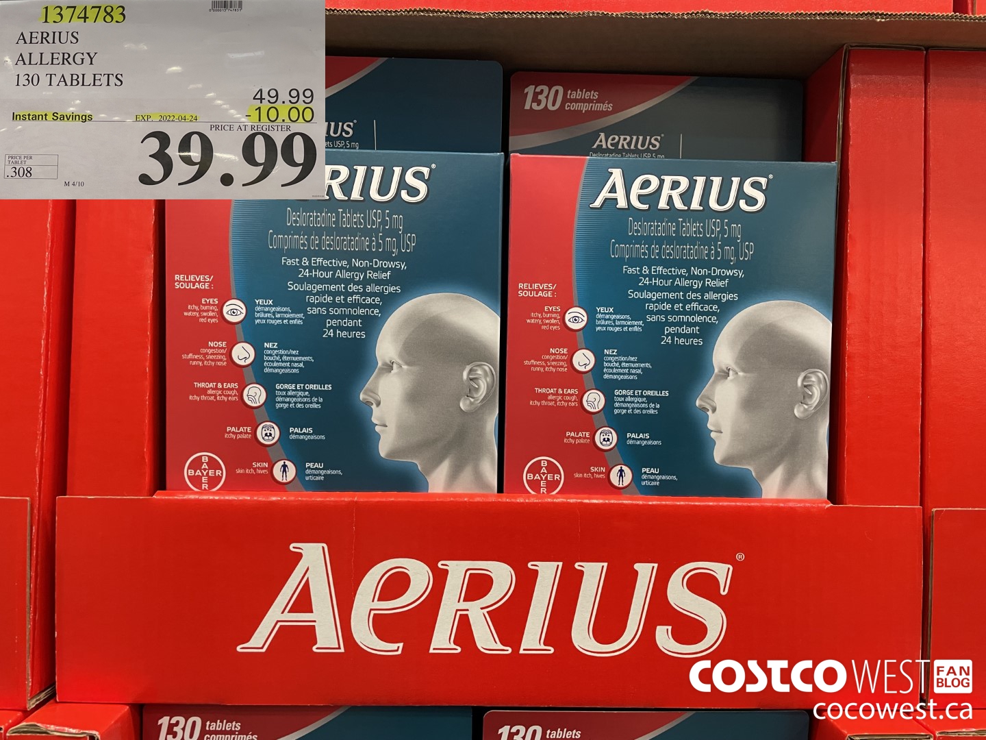 1374783 AERIUS ALLERGY 130 TABLETS ($10.00 INSTANT SAVINGS EXPIRES ON 2022-04-24) $39.99