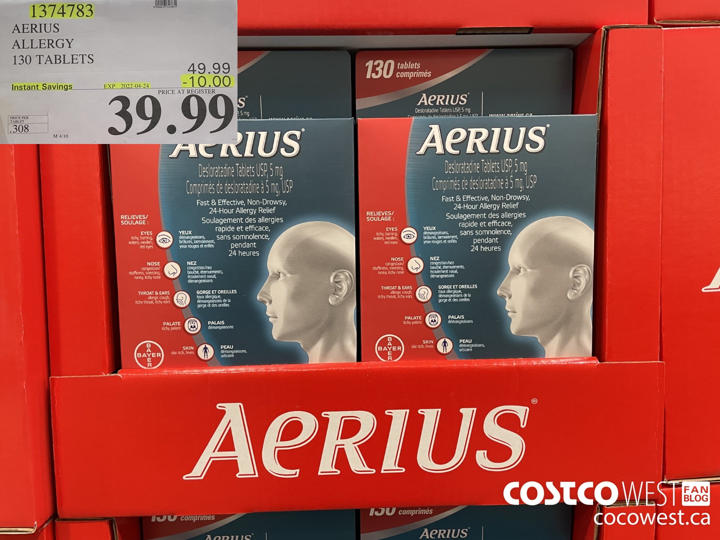 1374783 AERIUS ALLERGY 130 TABLETS ($10.00 INSTANT SAVINGS EXPIRES ON 2022-04-24) $39.99