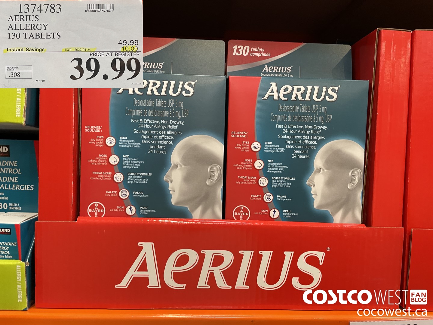 1374783 AERIUS ALLERGY 130 TABLETS ($10.00 INSTANT SAVINGS EXPIRES ON 2022-04-24) $39.99