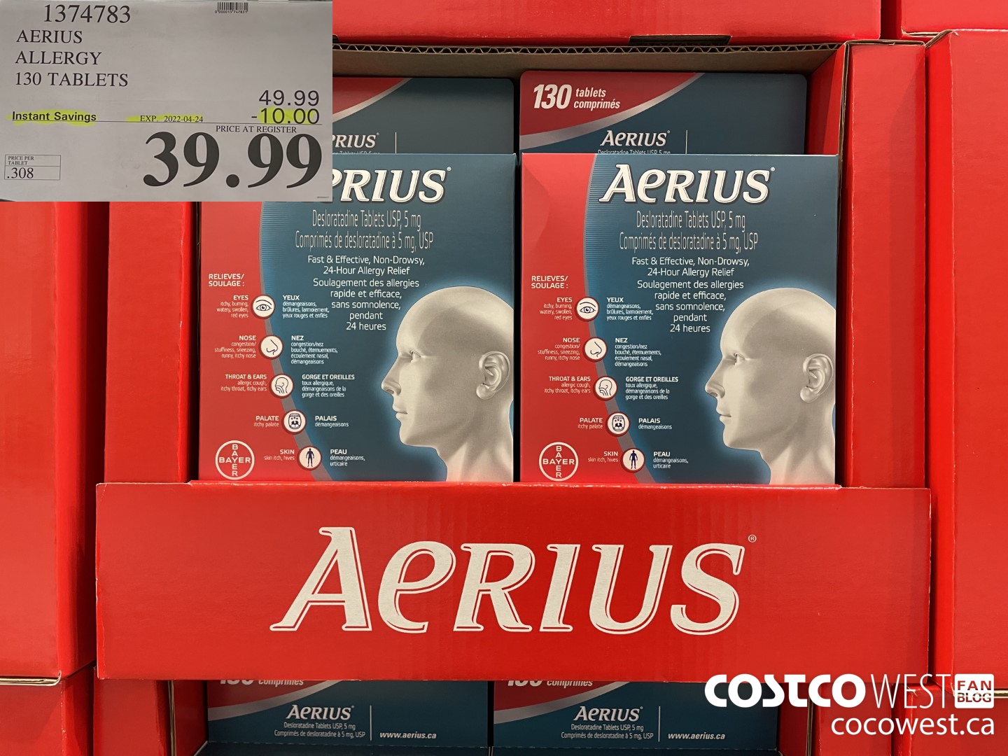 1374783 AERIUS ALLERGY 130 TABLETS ($10.00 INSTANT SAVINGS EXPIRES ON 2022-04-24) $39.99