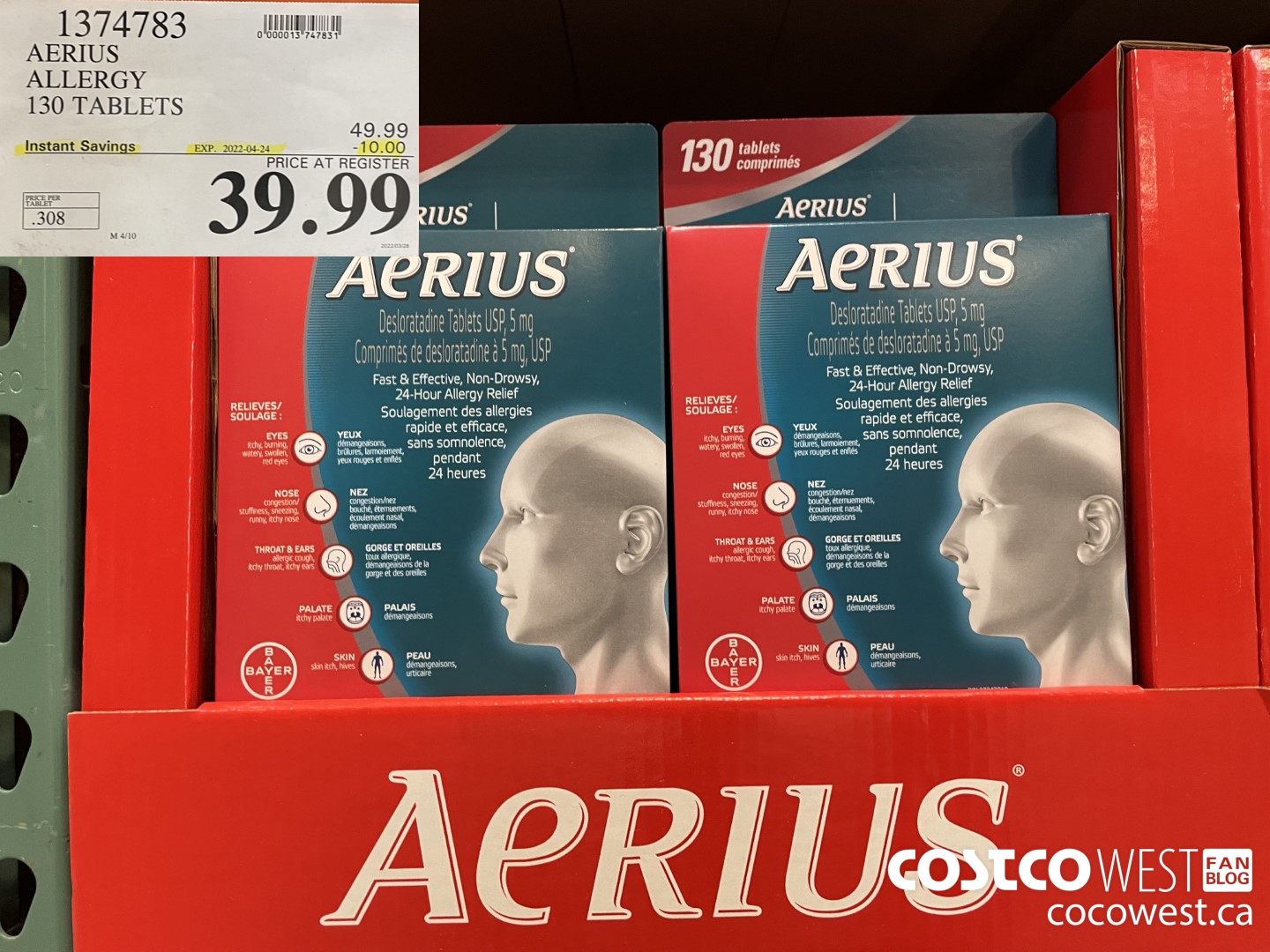 1374783 AERIUS ALLERGY 130 TABLETS ($10.00 INSTANT SAVINGS EXPIRES ON 2022-04-24) $39.99