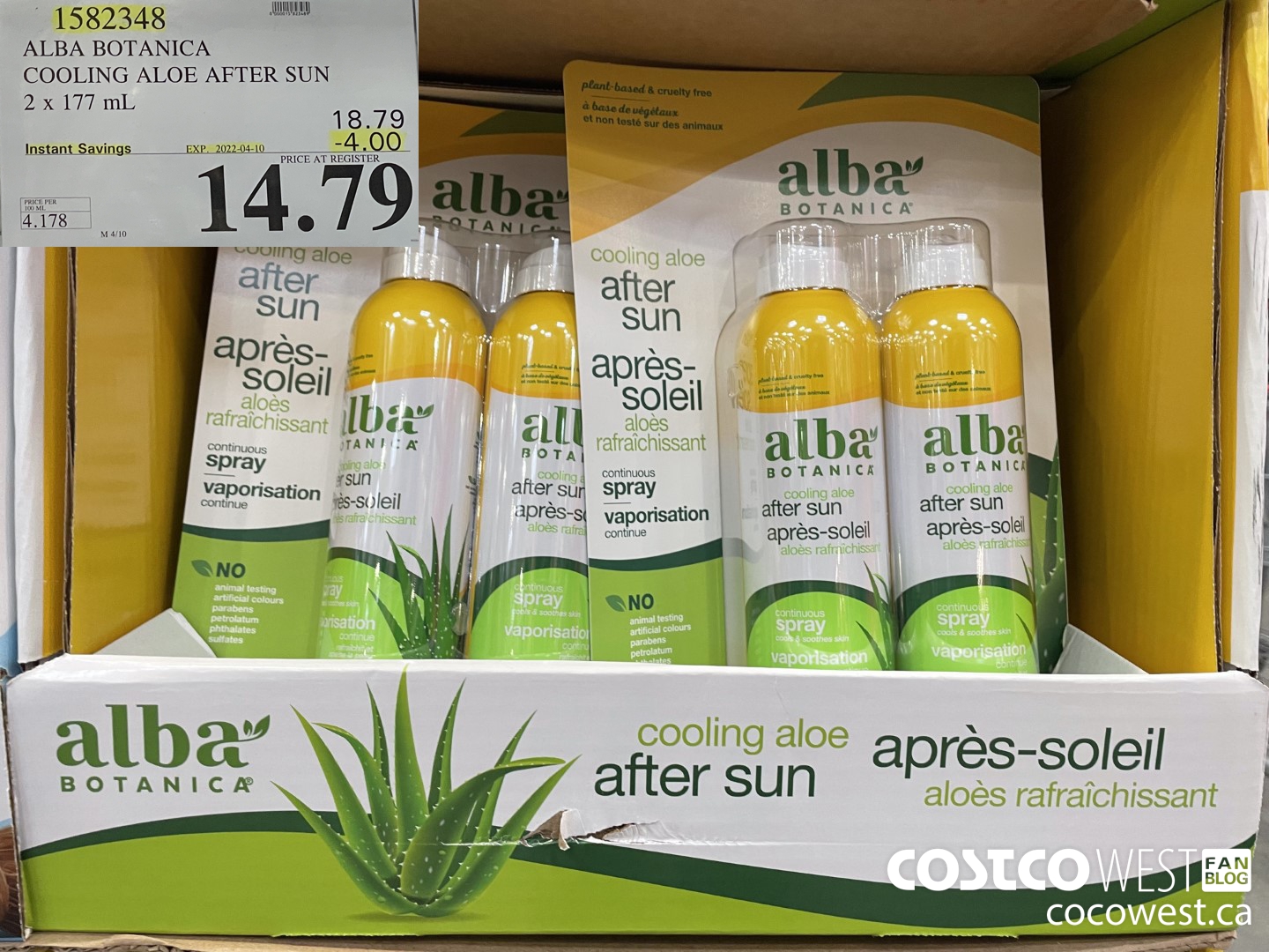 1582348 ALBA BOTANICA COOLING ALOE AFTER SUN 2 x 177 mL ($4.00 INSTANT SAVINGS EXPIRES ON 2022-04-10) $14.79