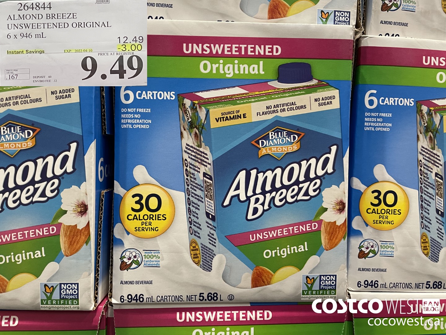 264844 ALMOND BREEZE UNSWEETENED ORIGINAL 6 x 946 mL ($3.00 INSTANT SAVINGS EXPIRES ON 2022-04-10) $9.49