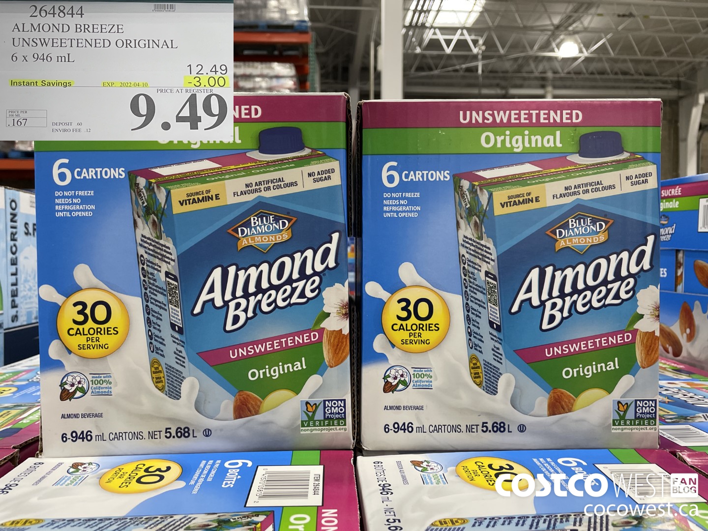 264844 ALMOND BREEZE UNSWEETENED ORIGINAL 6 x 946 mL ($3.00 INSTANT SAVINGS EXPIRES ON 2022-04-10) $9.49