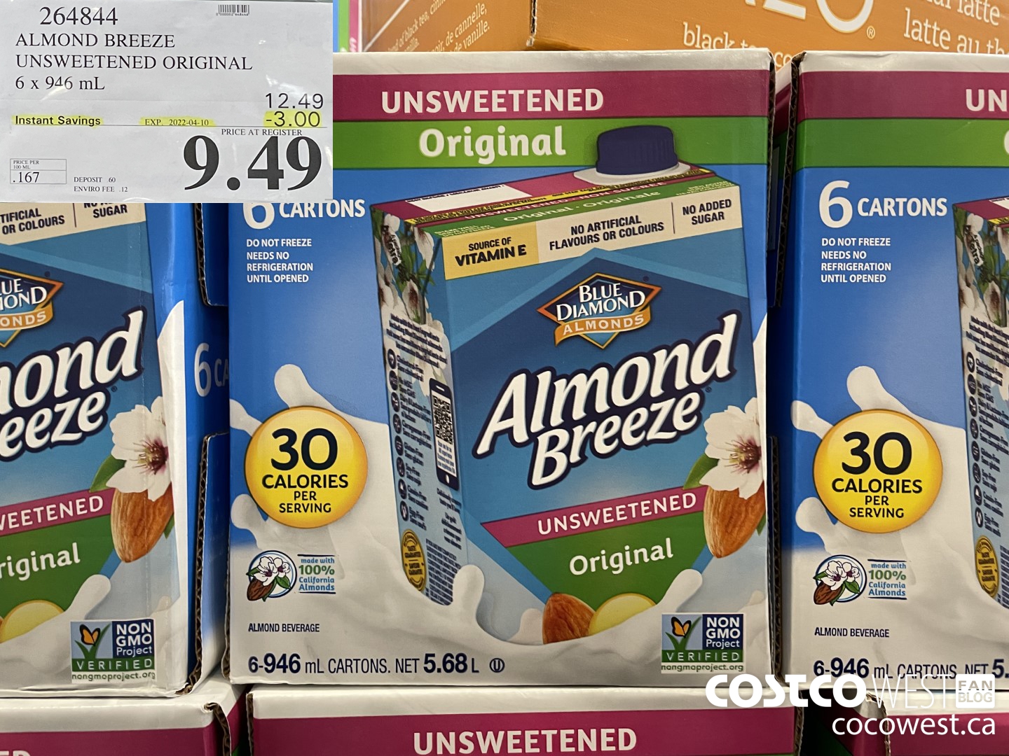 264844 ALMOND BREEZE UNSWEETENED ORIGINAL 6 x 946 mL ($3.00 INSTANT SAVINGS EXPIRES ON 2022-04-10) $9.49
