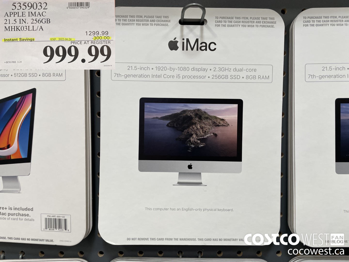 5359032 APPLE IMAC 21.5 IN. 256GB MHKO3LL/A ($300.00 INSTANT SAVINGS EXPIRES ON 2022-04-24) $999.99