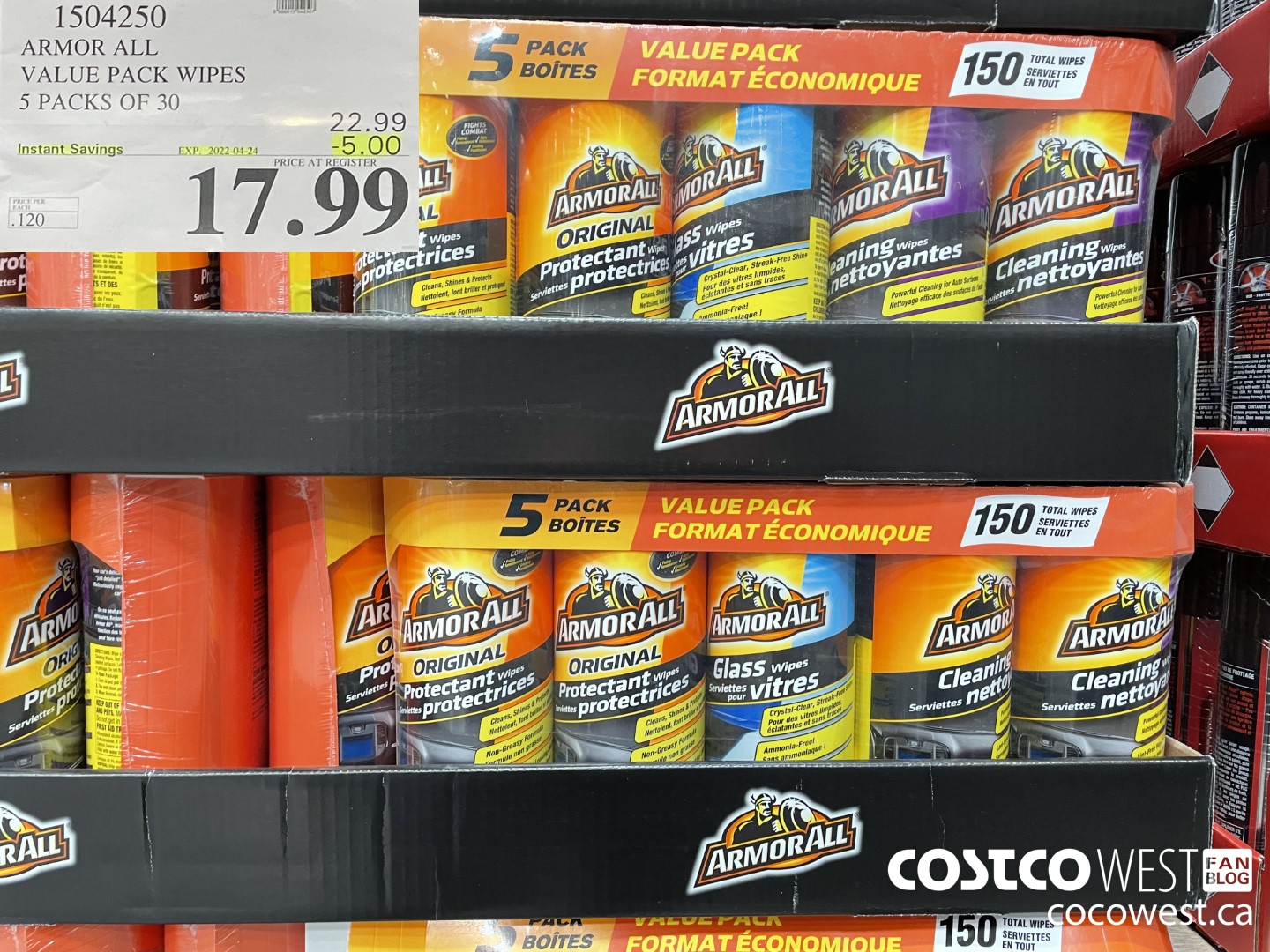 1504250 ARMOR ALL VALUE PACK WIPES 5 PACKS OF 30 ($5.00 INSTANT SAVINGS EXPIRES ON 2022-04-24) $17.99