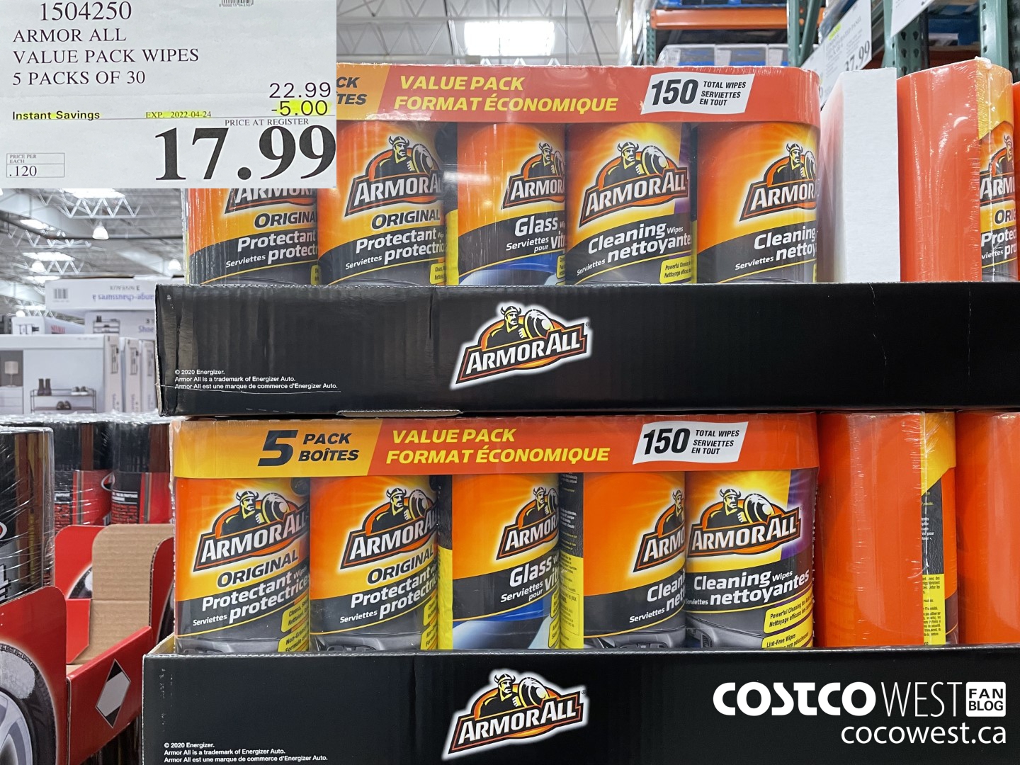 1504250 ARMOR ALL VALUE PACK WIPES 5 PACKS OF 30 ($5.00 INSTANT SAVINGS EXPIRES ON 2022-04-24) $17.99