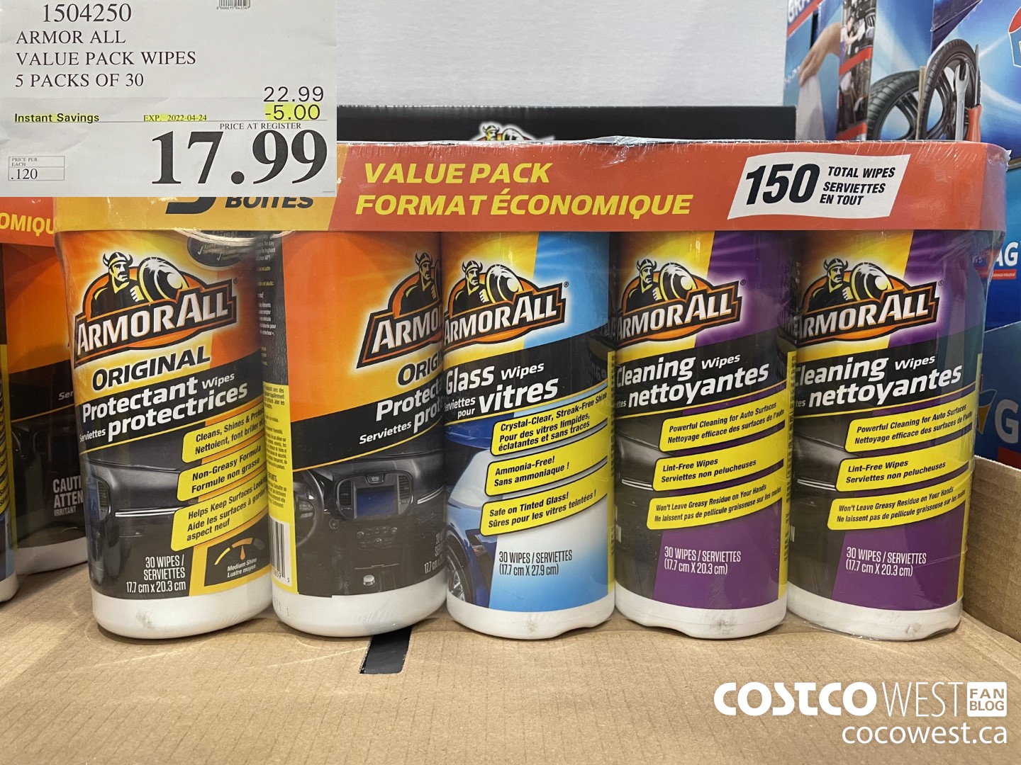 1504250 ARMOR ALL VALUE PACK WIPES 5 PACKS OF 30 ($5.00 INSTANT SAVINGS EXPIRES ON 2022-04-24) $17.99