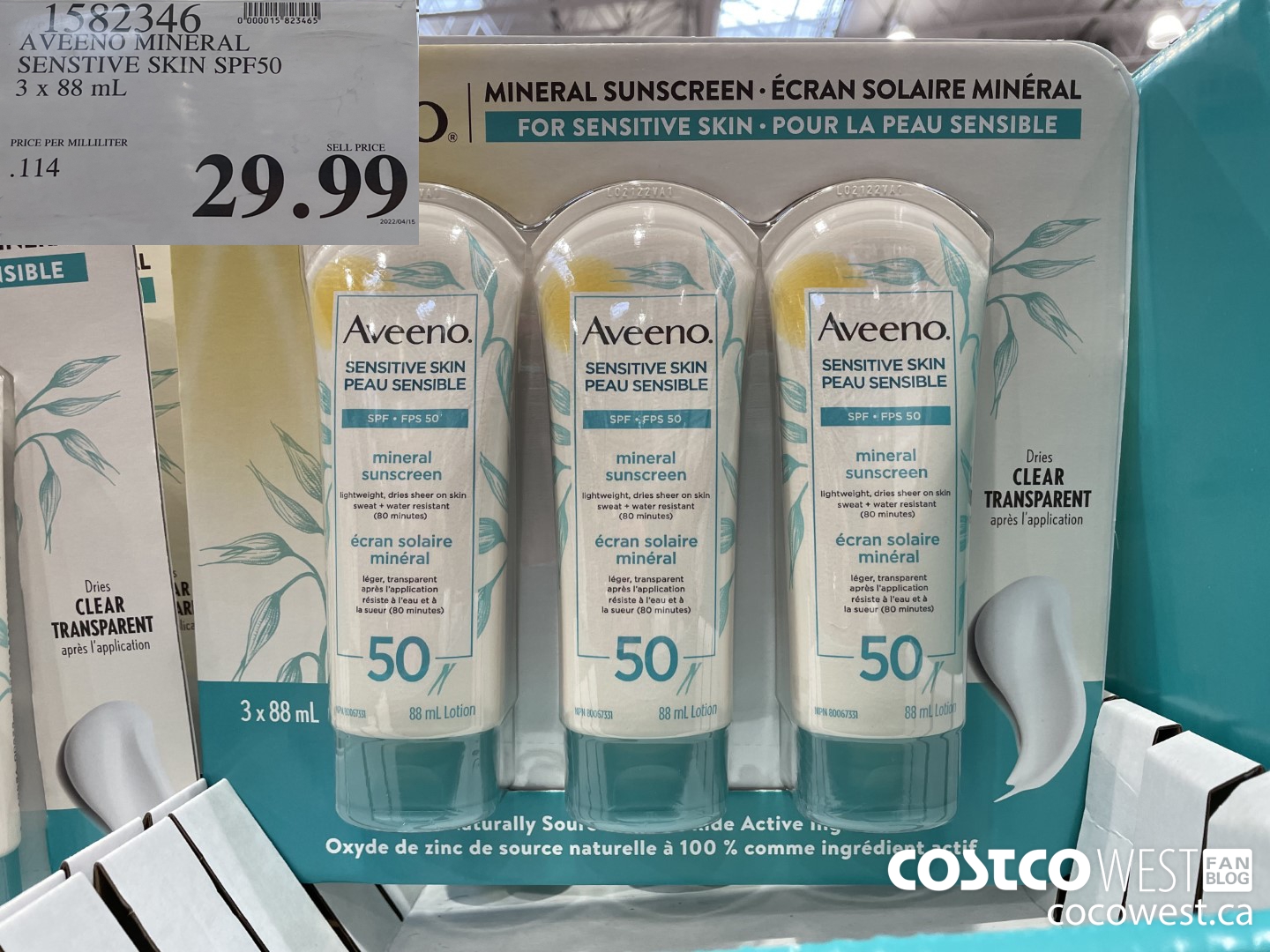 1582346 AVEENO MINERAL SENSITIVE SKIN SPF50 3 X 88 ML $29.99