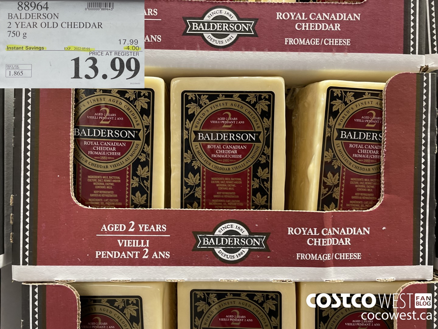 88964 BALDERSON 2 YEAR OLD CHEDDAR 750 g ($4.00 INSTANT SAVINGS EXPIRES ON 2022-05-01) $13.99
