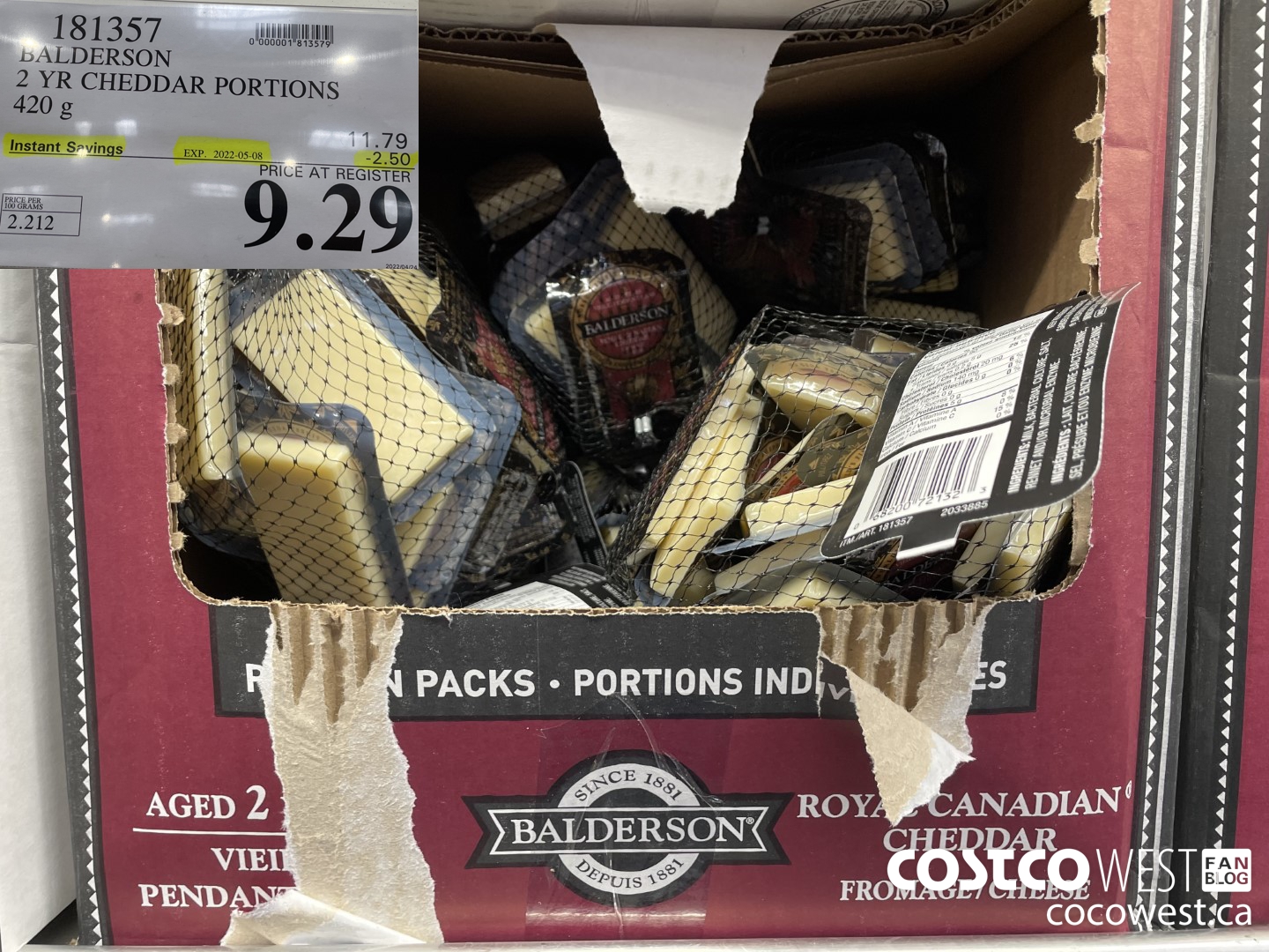 181357 BALDERSON 2 YR CHEDDAR PORTIONS 420 g ($2.50 INSTANT SAVINGS EXPIRES ON 2022-05-08) $9.29