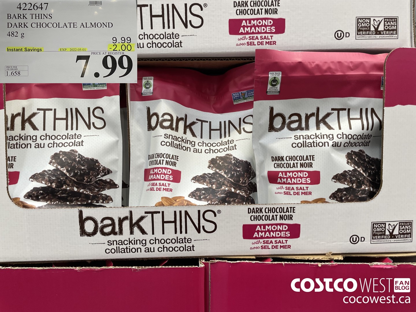 422647 BARK THINS DARK CHOCOLATE ALMOND 482 g ($2.00 INSTANT SAVINGS EXPIRES ON 2022-05-01) $7.99