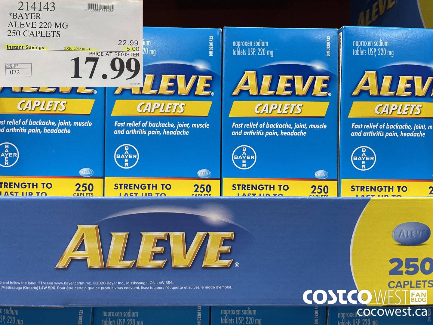 214143 BAYER ALEVE 220 MG 250 CAPLETS ($5.00 INSTANT SAVINGS EXPIRES ON 2022-04-24) $17.99