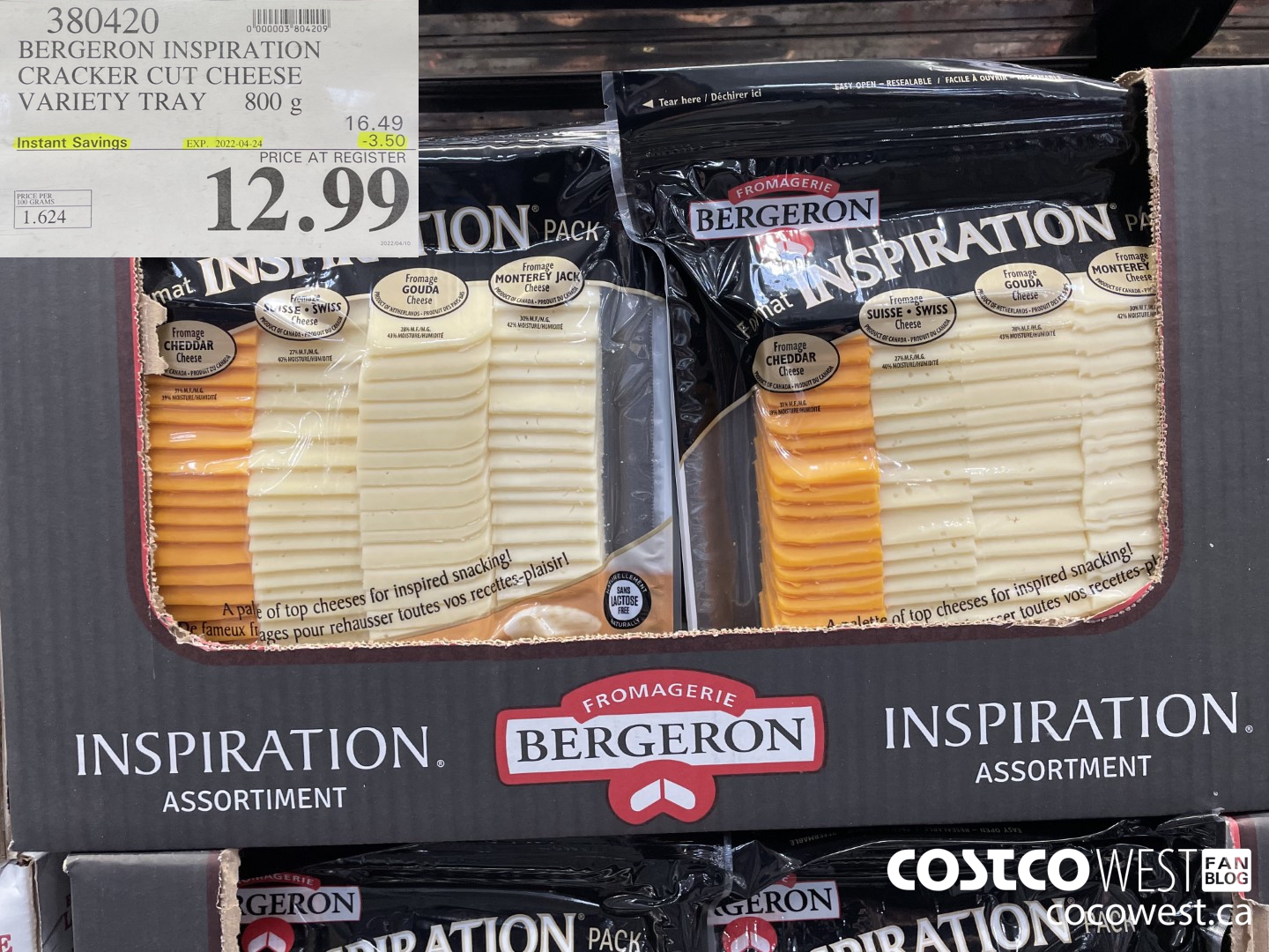 380420 BERGERON INSPIRATION CRACKER CUT CHEESE VARIETY TRAY 800 g ($3.50 INSTANT SAVINGS EXPIRES ON 2022-04-24) $12.99