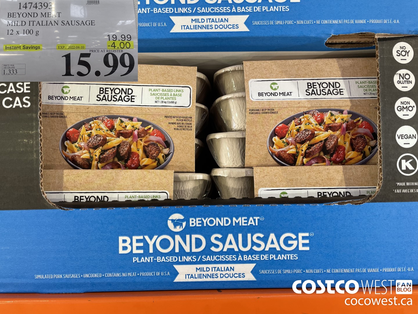 1474393 BEYOND MEAT MILD ITALIAN SAUSAGE 12 x 100 g ($4.00 INSTANT SAVINGS EXPIRES ON 2022-04-10) $15.99