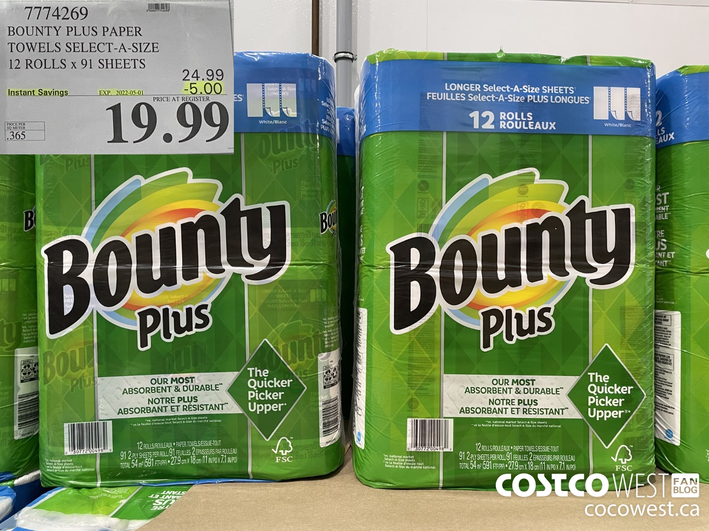 7774269 BOUNTY PLUS PAPER TOWELS SELECT-A-SIZE 12 ROLLS x 91 SHEETS ($5.00 INSTANT SAVINGS EXPIRES ON 2021-05-01) $19.99