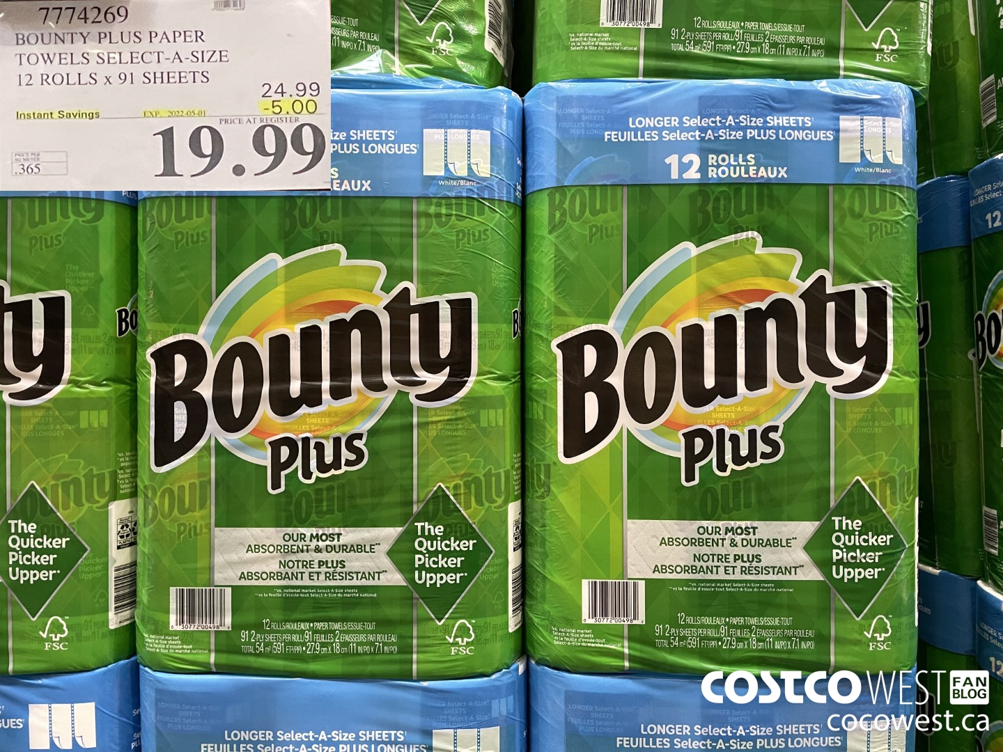 7774269 BOUNTY PLUS PAPER TOWELS SELECT-A-SIZE 12 ROLLS x 91 SHEETS ($5.00 INSTANT SAVINGS EXPIRES ON 2022-05-01) $19.99