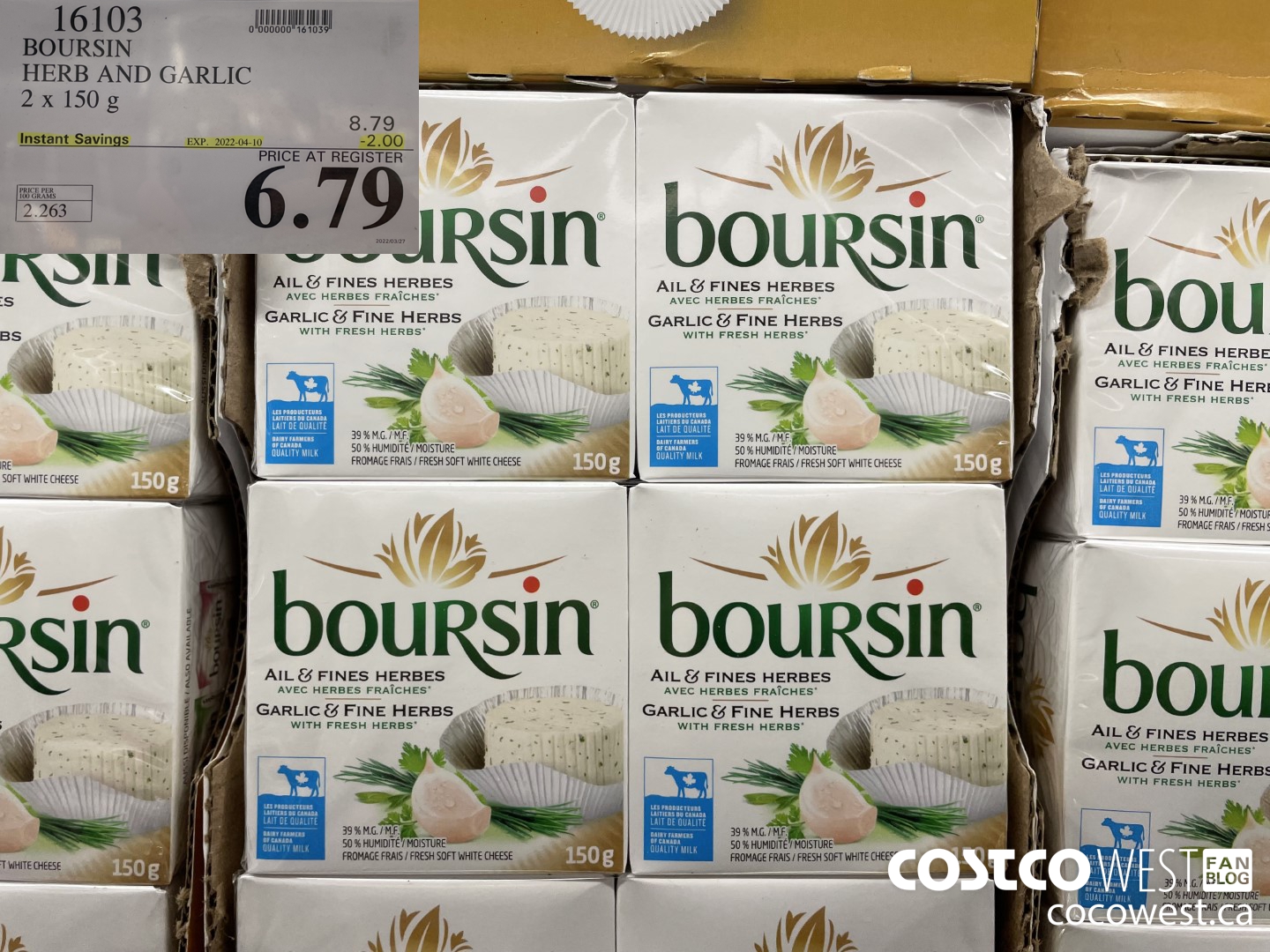16103 BOURSIN HERB AND GARLIC 2 x 150 g ($2.00 INSTANT SAVINGS EXPIRES ON 2022-04-10) $6.79