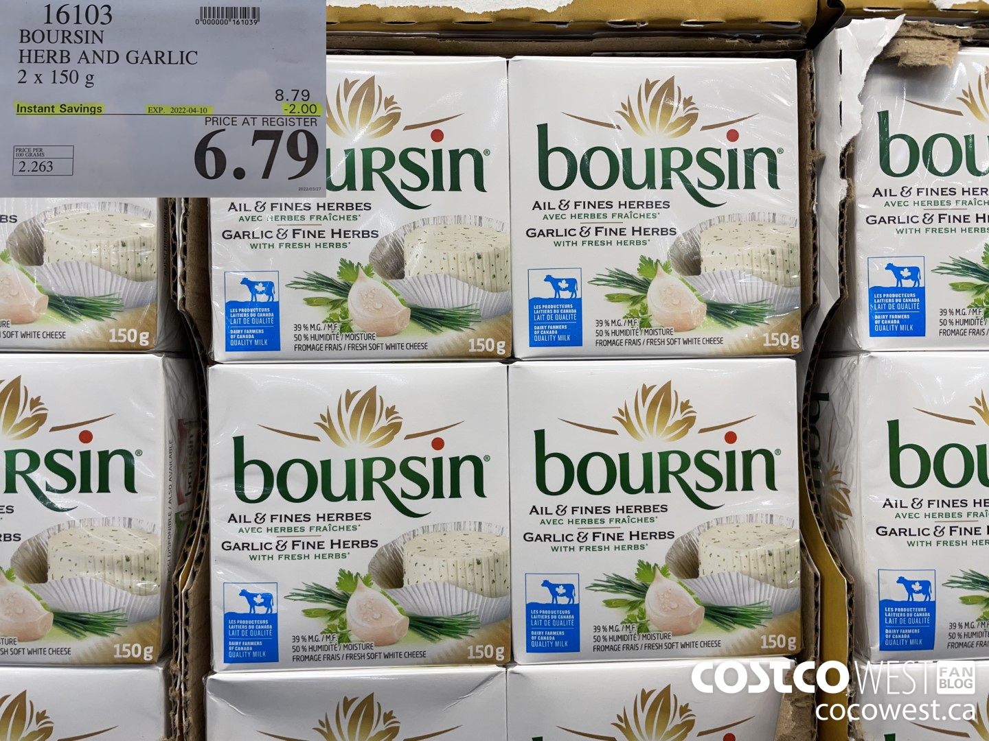 16103 BOURSIN HERB AND GARLIC 2 x 150 g ($2.00 INSTANT SAVINGS EXPIRES ON 2022-04-10) $6.79