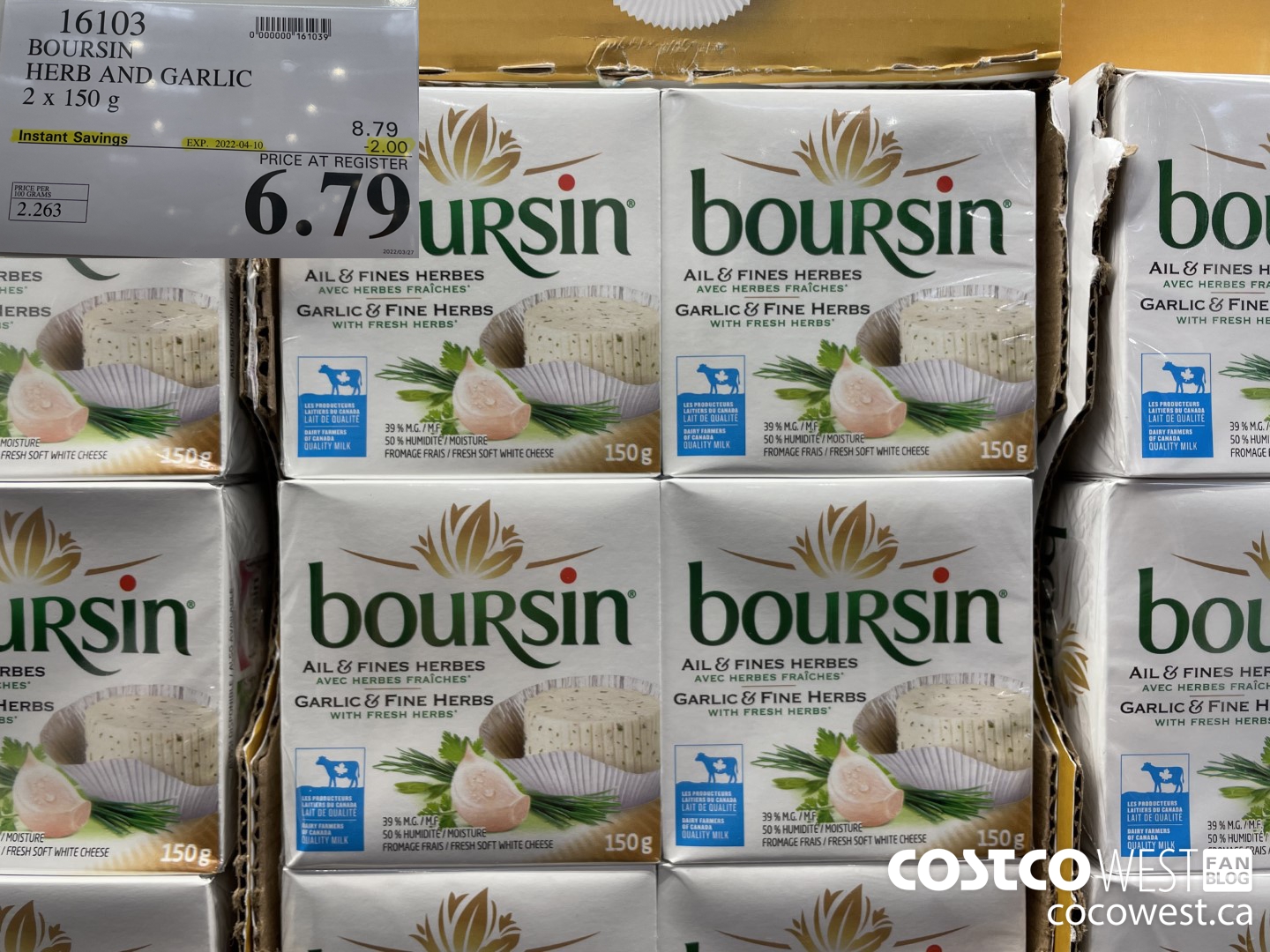 16103 BOURSIN HERB AND GARLIC 2 x 150 g ($2.00 INSTANT SAVINGS EXPIRES ON 2022-04-10) $6.79