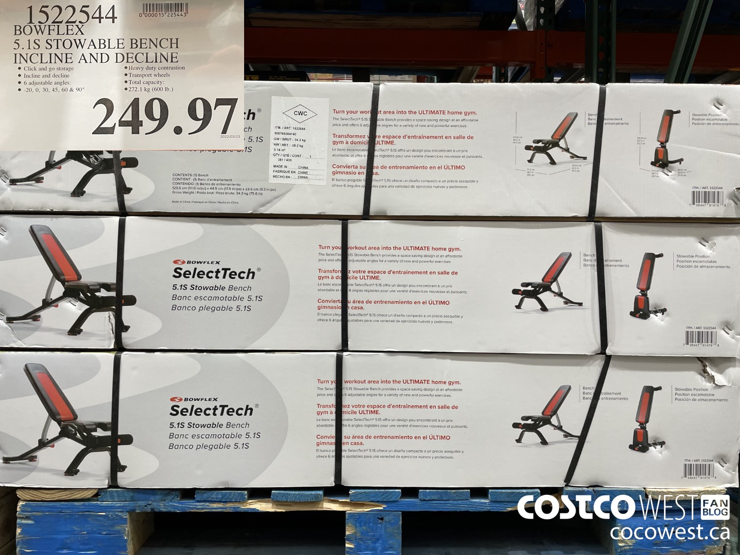 1522544 BOWFLEX 5.1S STOWABLE BENCH INCLINE AND DECLINE $249.97