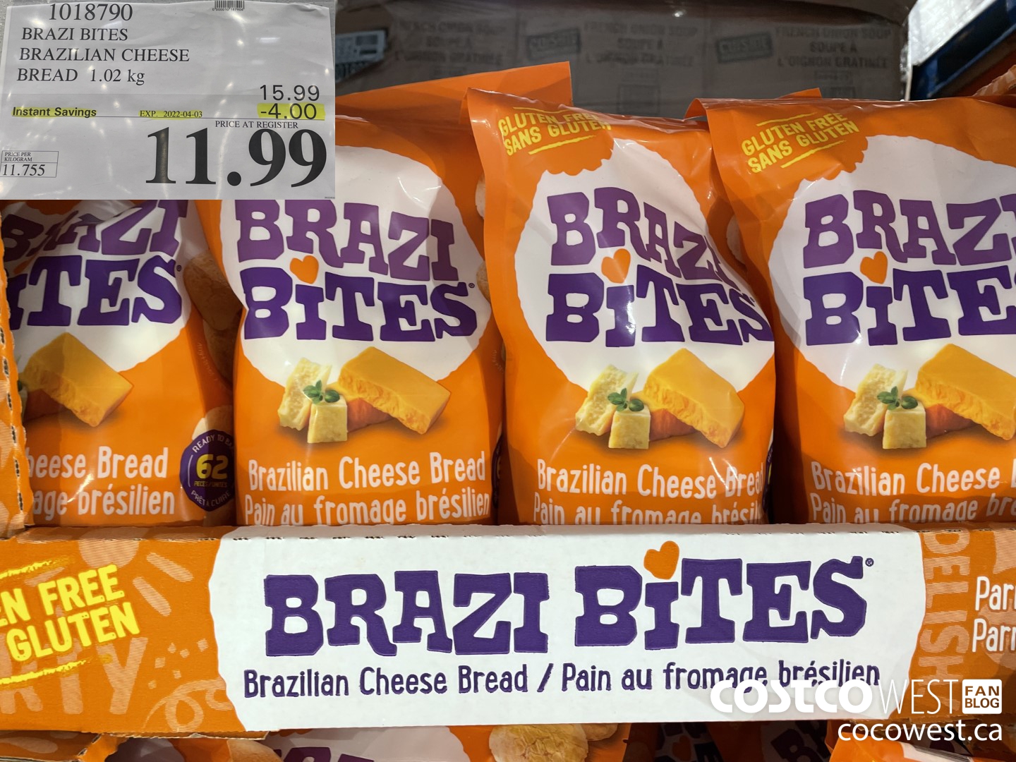 1018790 BRAZI BITES BRAZILIAN CHEESE BREAD 1.02 kg ($4.00 INSTANT SAVINGS EXPIRES ON 2022-04-03) $11.99