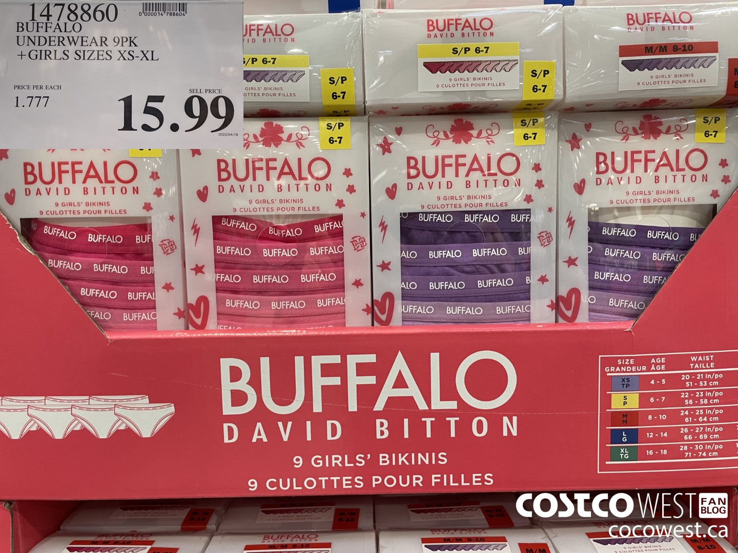 1478860 BUFFALO UNDERWEAR 9PK GIRLS SIZES XS-XL $15.99