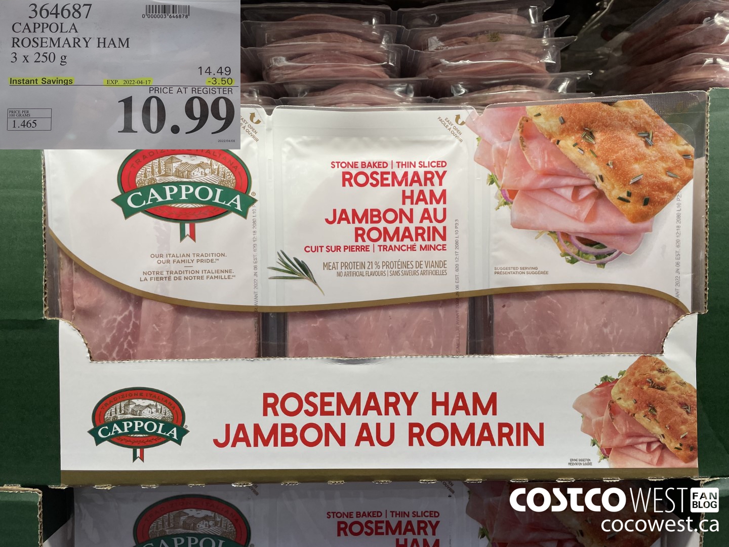 364687 CAPPOLA FOODS ROSEMARY HAM 3 x 250 g ($3.50 INSTANT SAVINGS EXPIRES ON 2022-04-17) $10.99